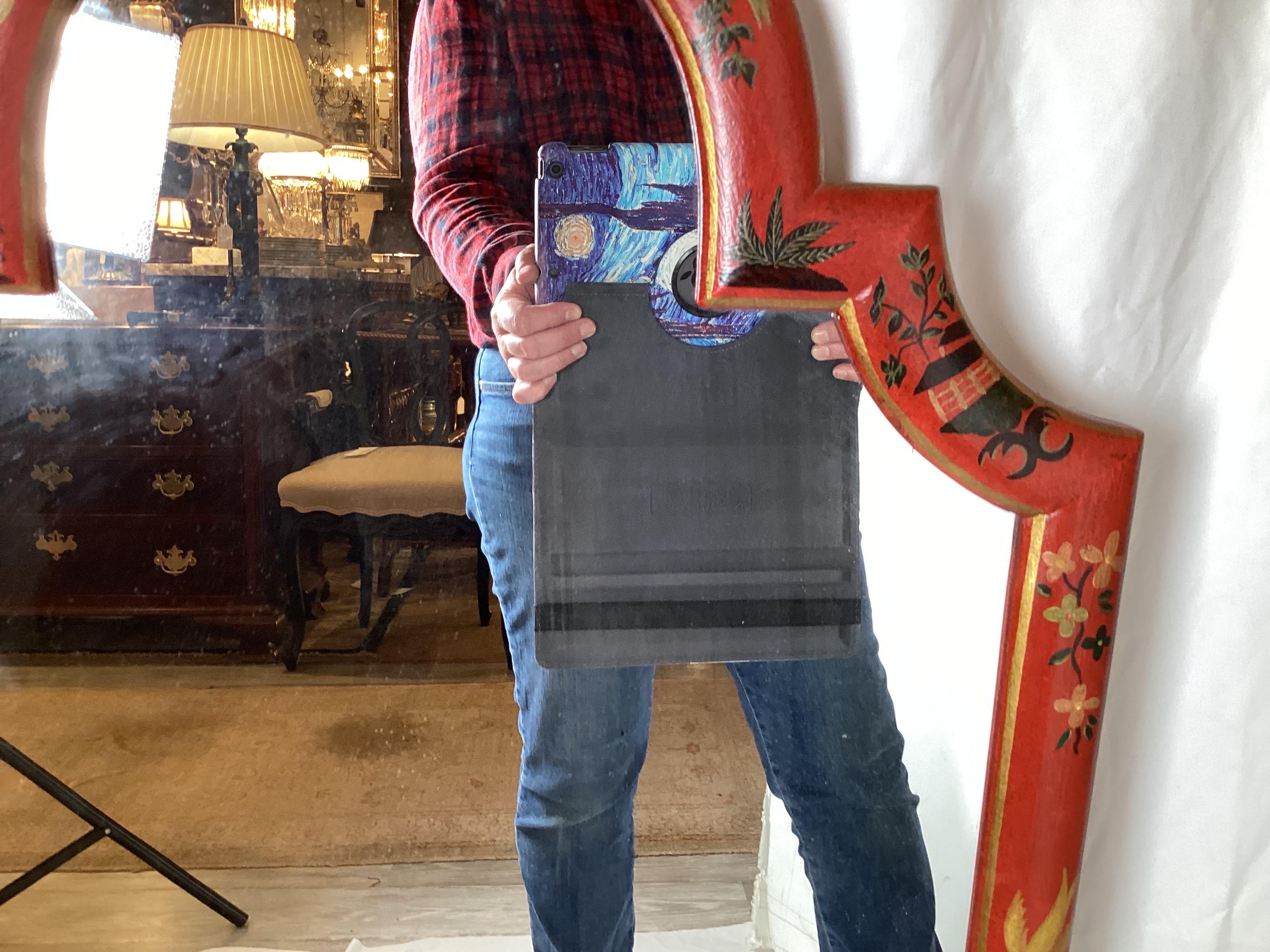 Midcentury Red Chinoiserie Mirror by Friedman Brothers In Good Condition For Sale In Lambertville, NJ