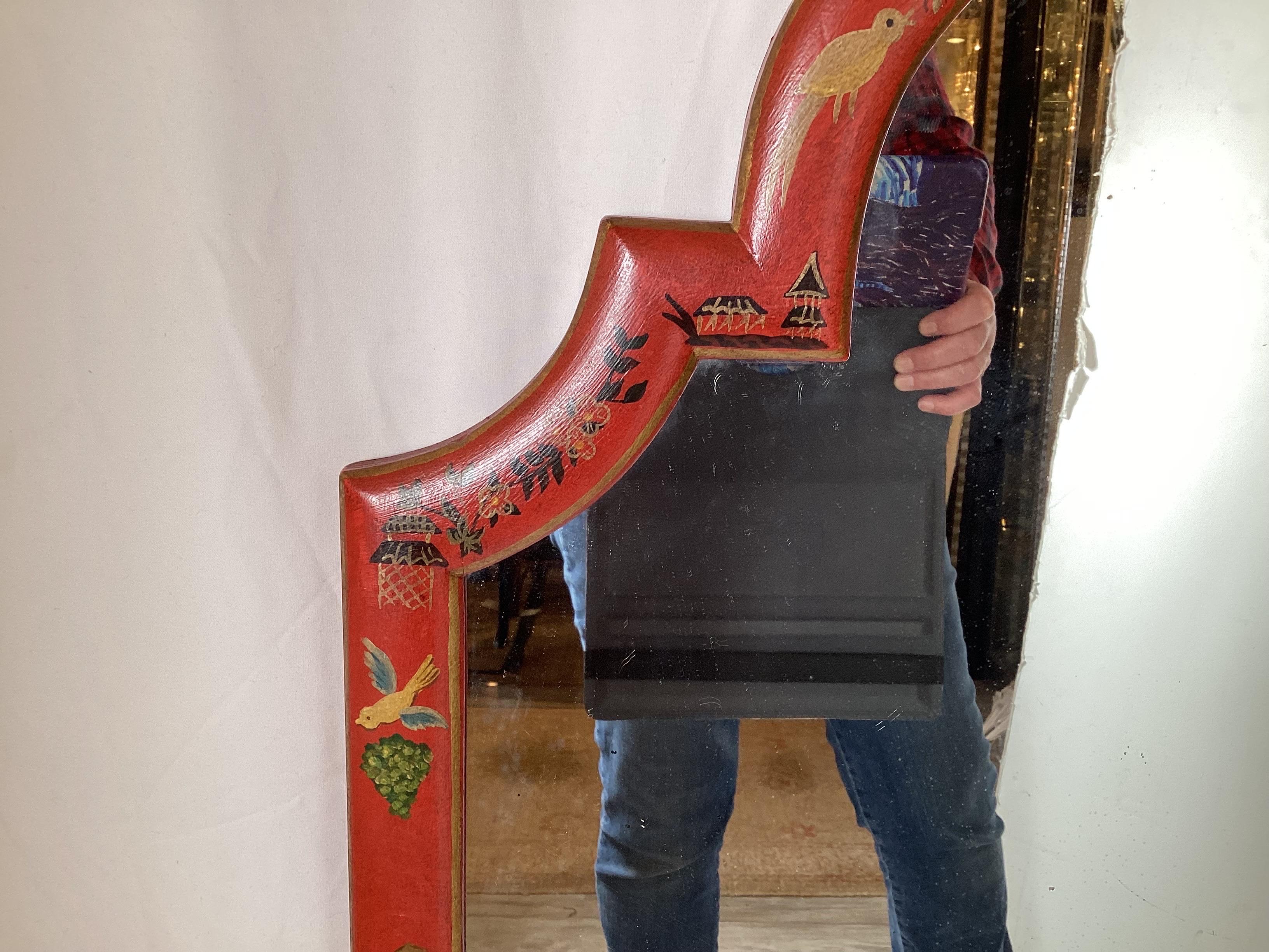 20th Century Midcentury Red Chinoiserie Mirror by Friedman Brothers For Sale