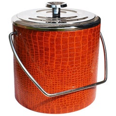 Midcentury Red Chrome and Vinyl Wrapped Faux Leather Ice Bucket