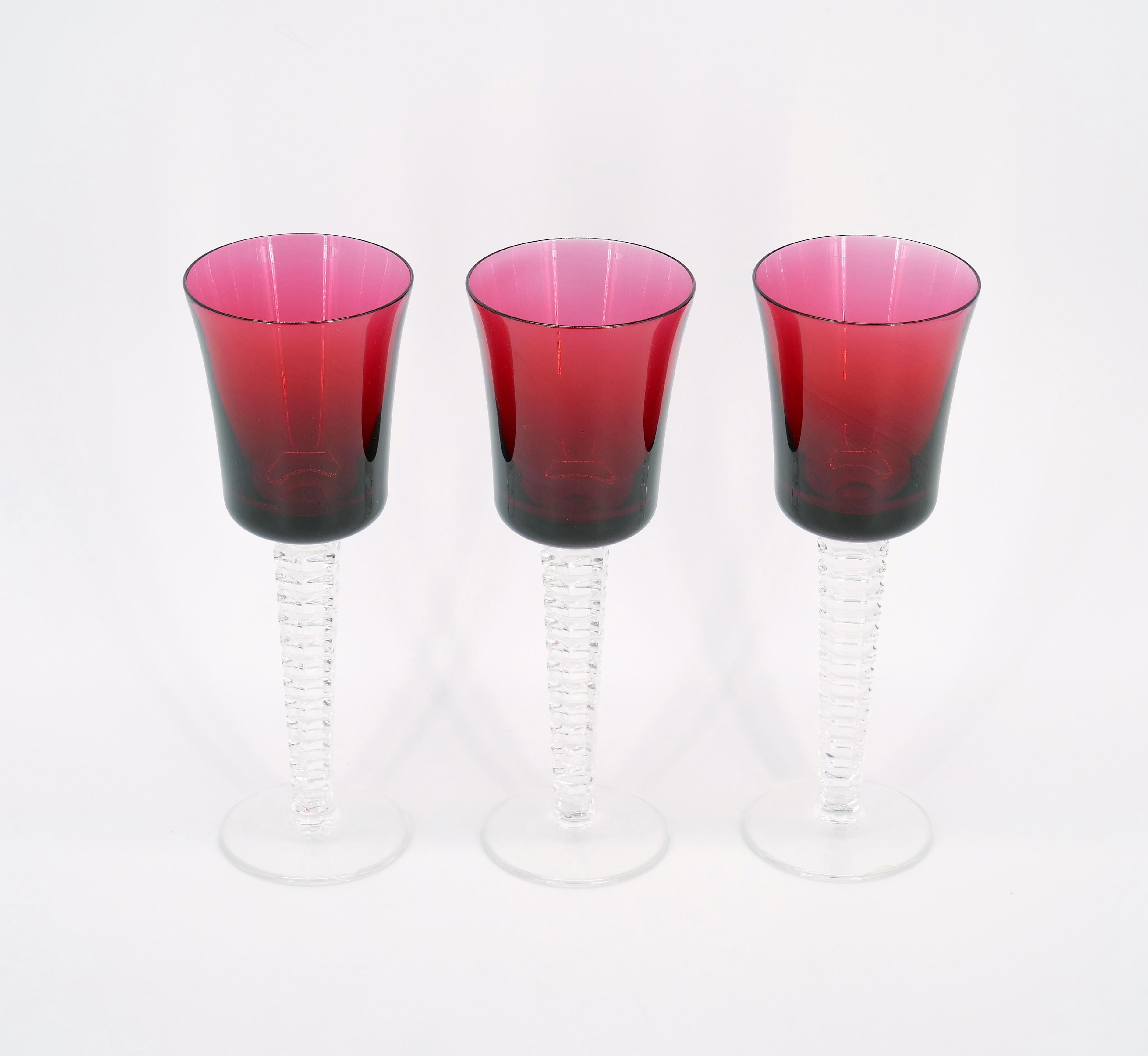 Mid-Century Red /Clear Stem Cut Crystal De Sevres Wine Glass Service / 11 People For Sale 2