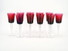 Mid-Century Red /Clear Stem Cut Crystal De Sevres Wine Glass Service / 11 People