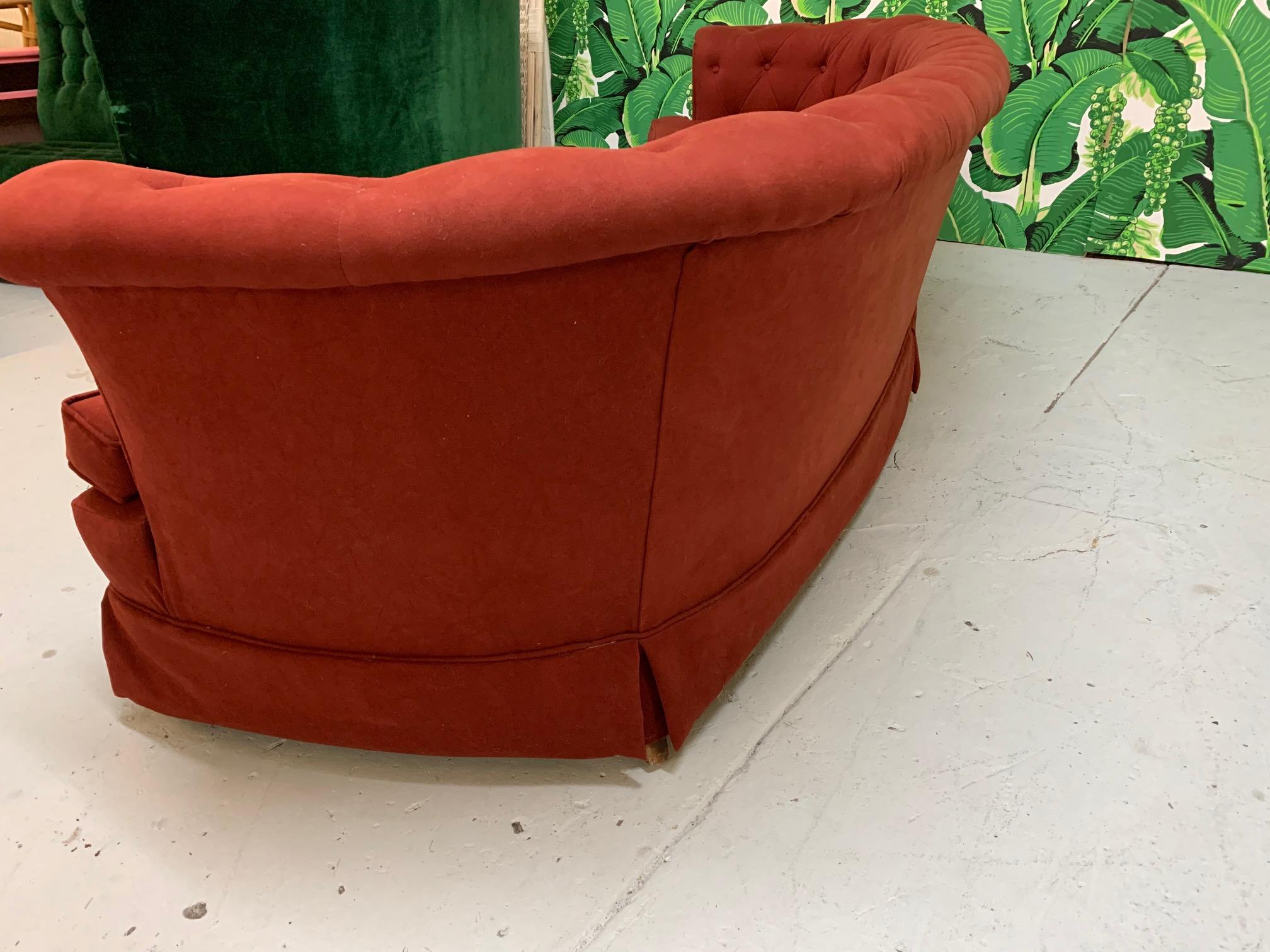 Mid Century Dorothy Draper Style Red Curved Tufted Sofa In Good Condition In Jacksonville, FL