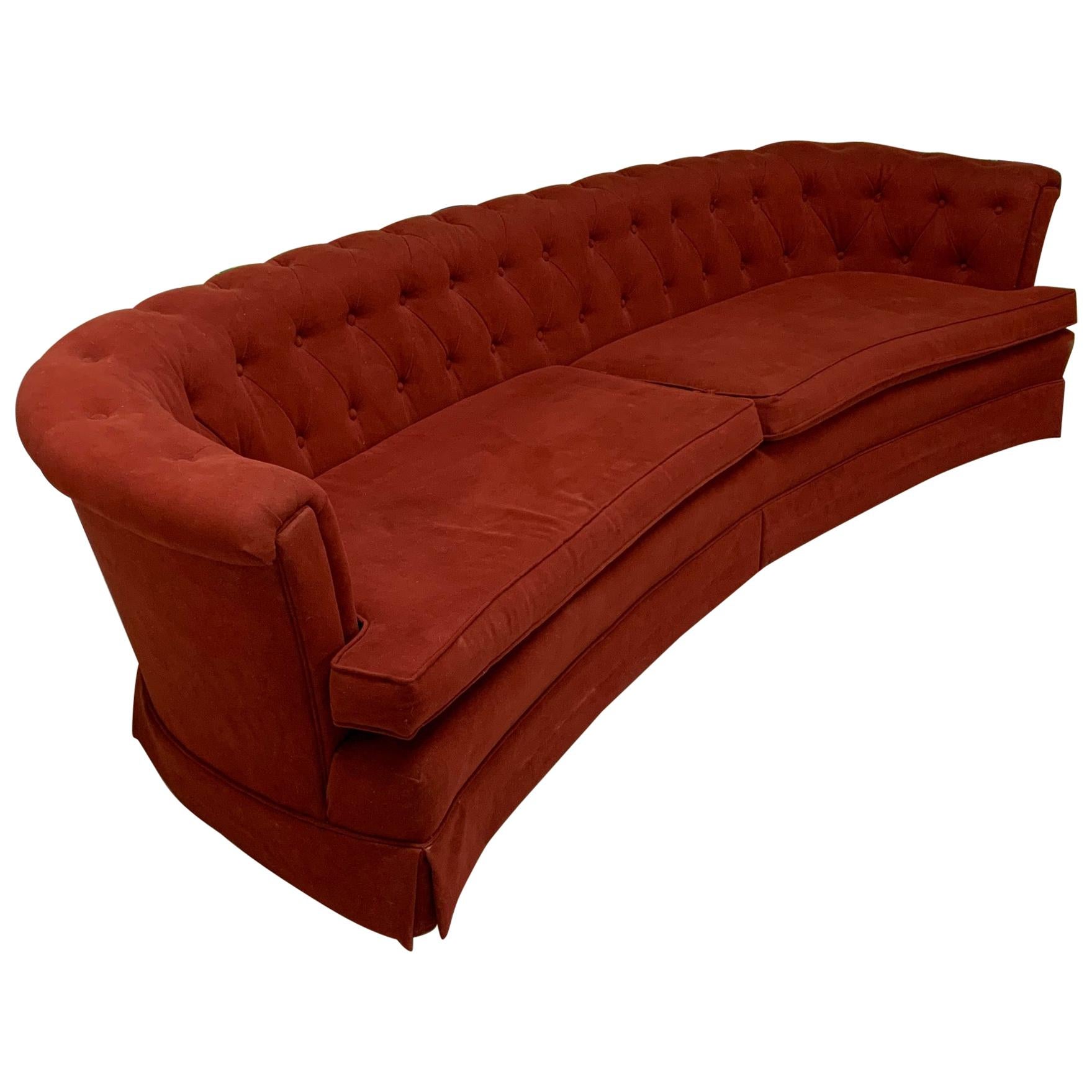 Mid Century Dorothy Draper Style Red Curved Tufted Sofa