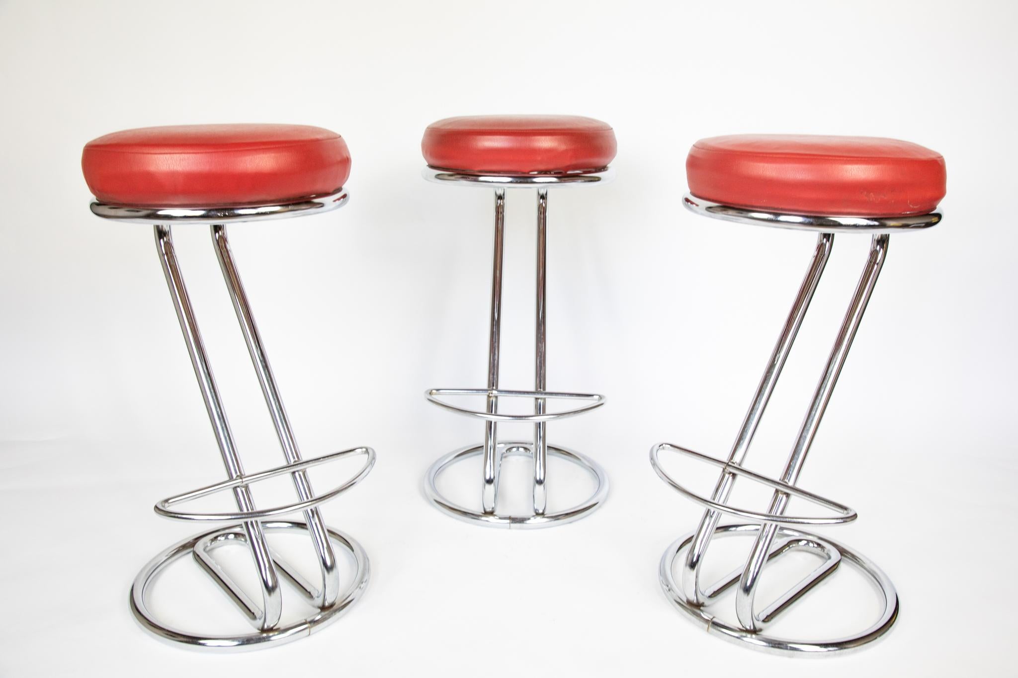 Polished Mid Century Modern  Diner Bar Stools Red Faux Leather, Chrome, Italy, 1950s