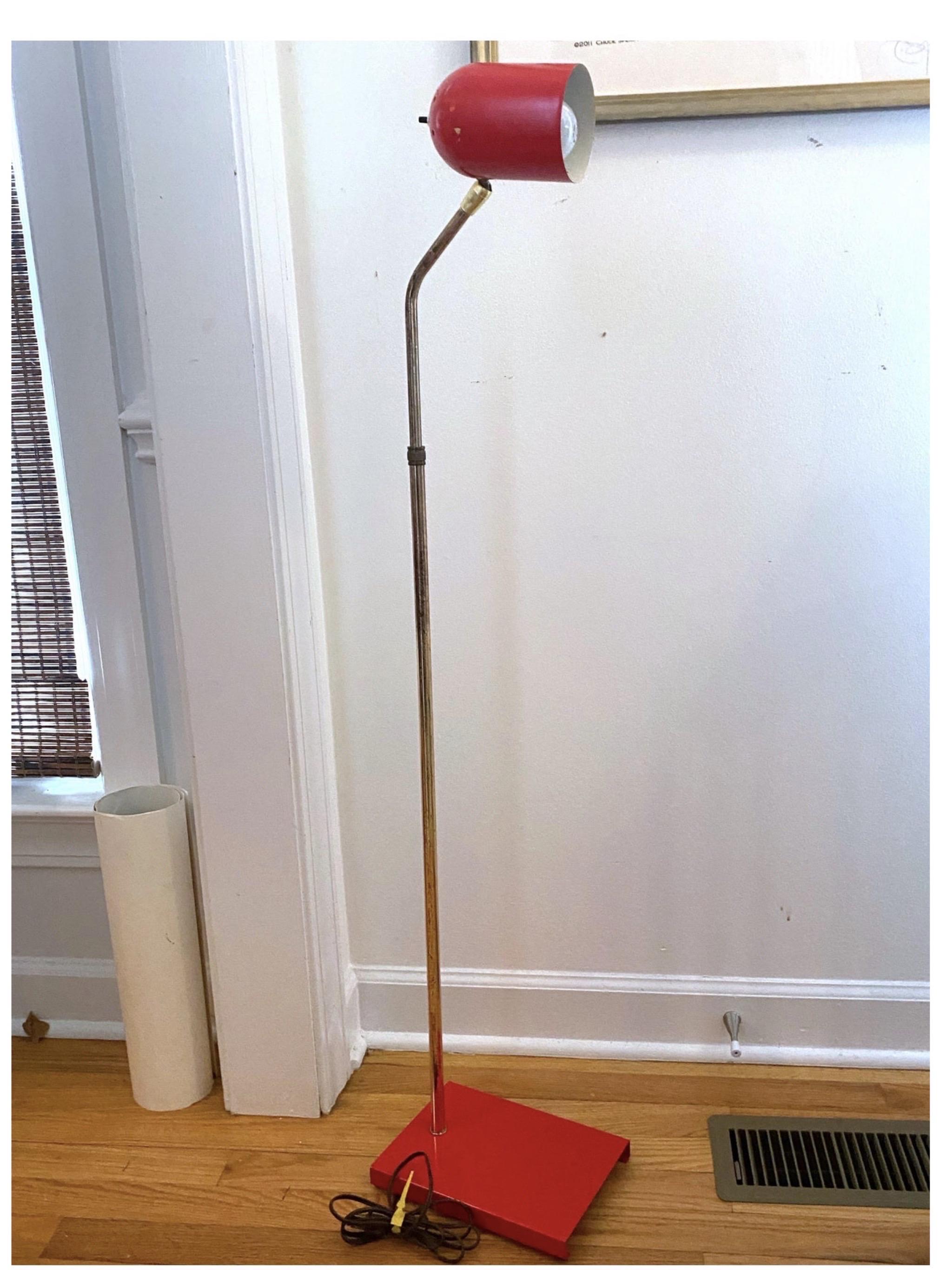 Midcentury Red Enamel and Brass Pharmacy Adjustable Floor Lamp For Sale 3