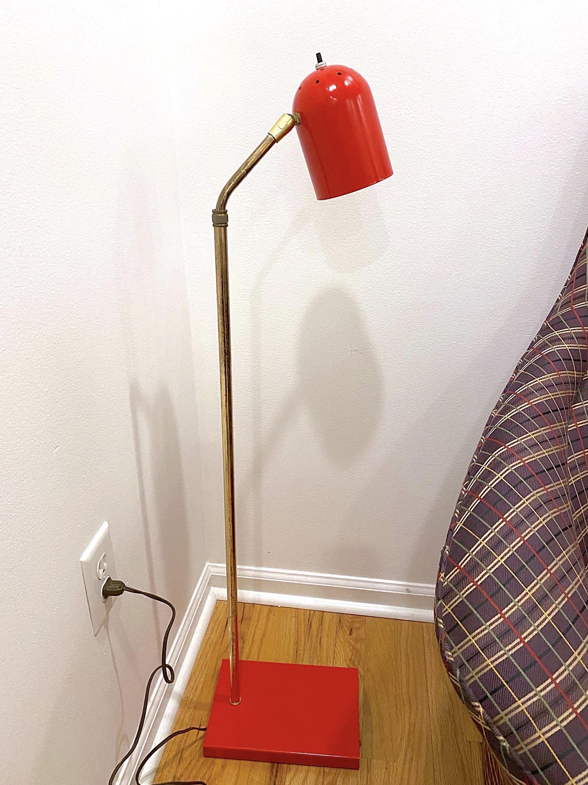 Midcentury Red Enamel and Brass Pharmacy Adjustable Floor Lamp For Sale 4