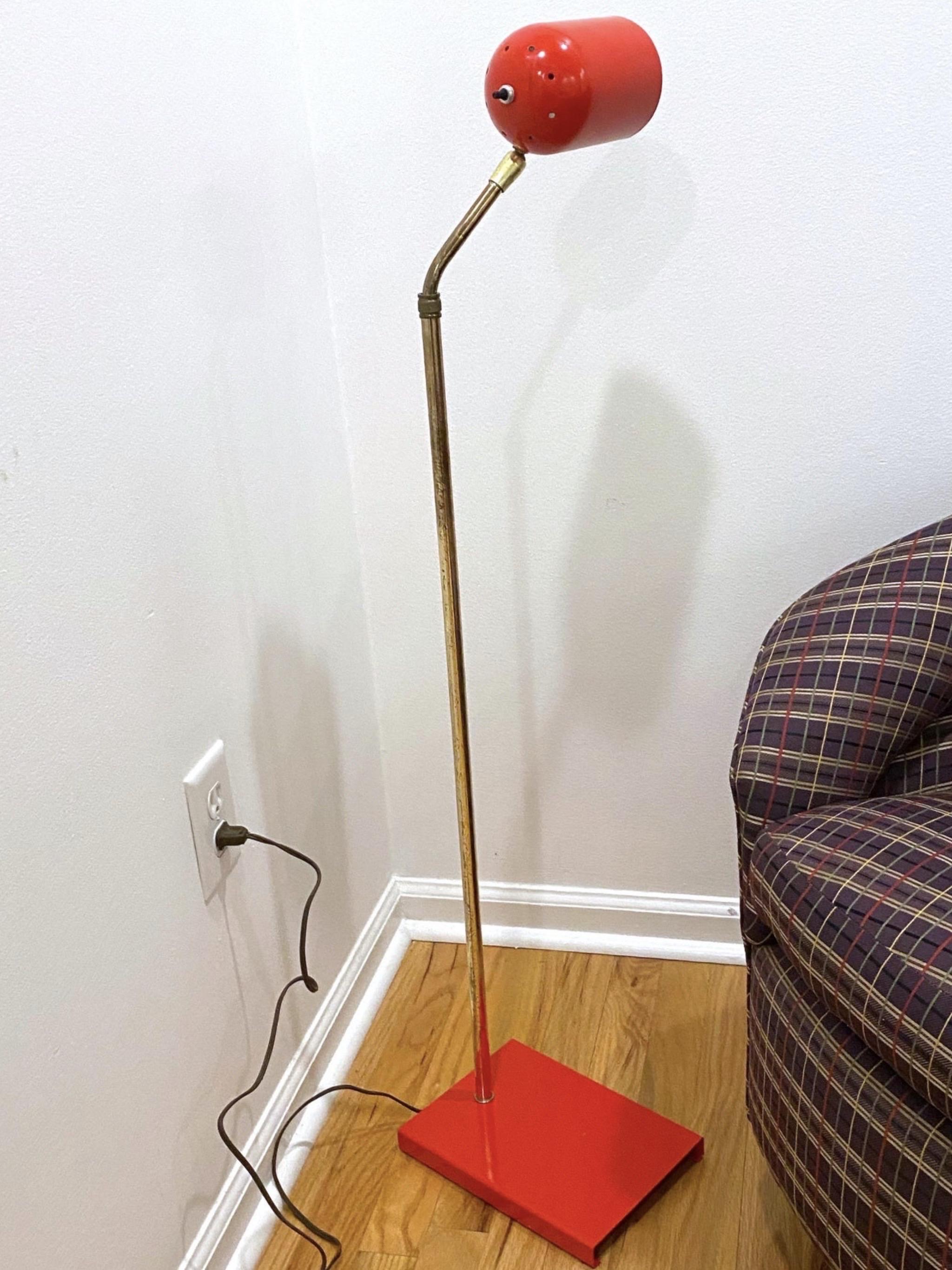 Mid-Century Modern Midcentury Red Enamel and Brass Pharmacy Adjustable Floor Lamp