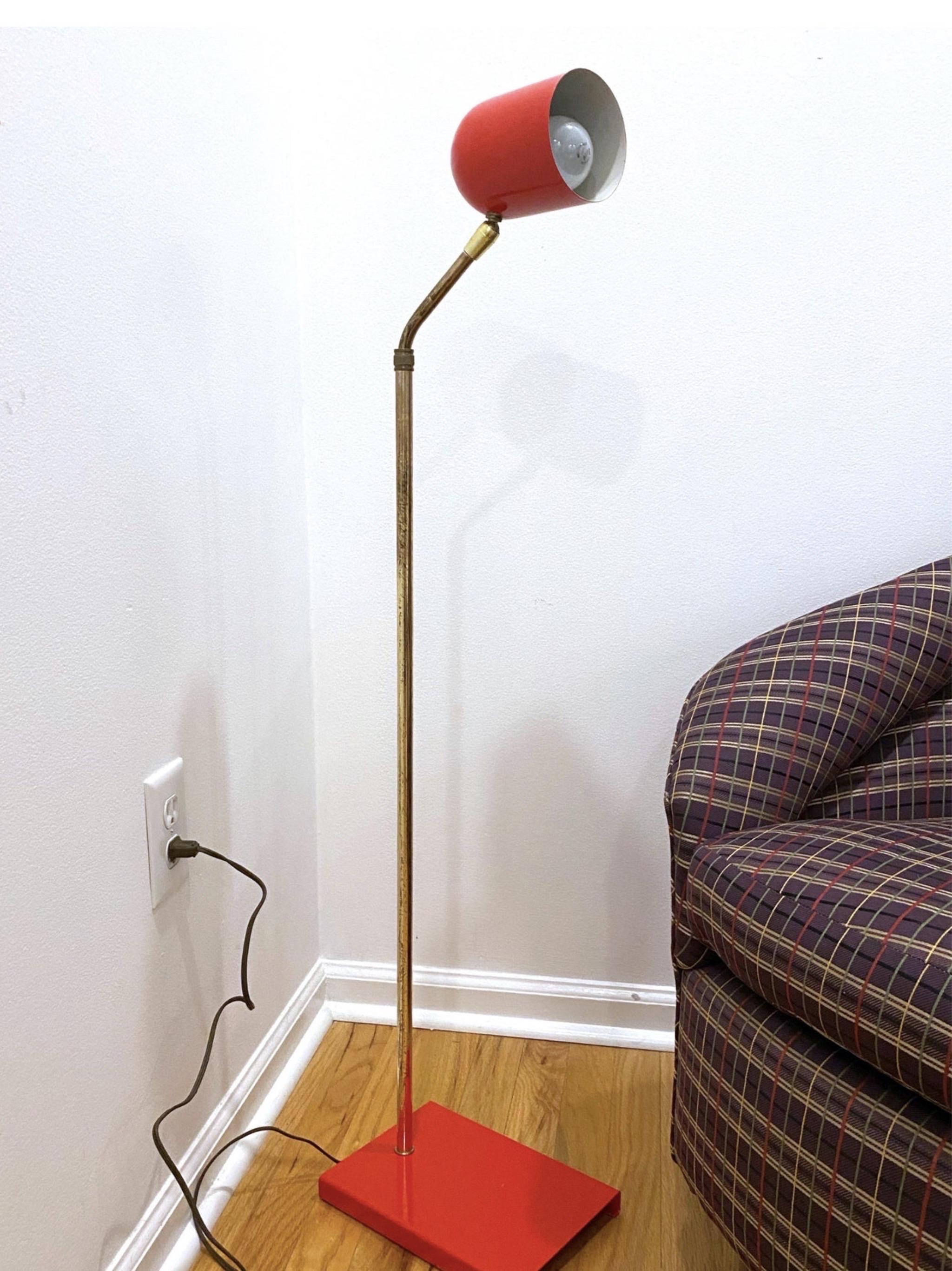Midcentury Red Enamel and Brass Pharmacy Adjustable Floor Lamp In Good Condition For Sale In Charleston, SC