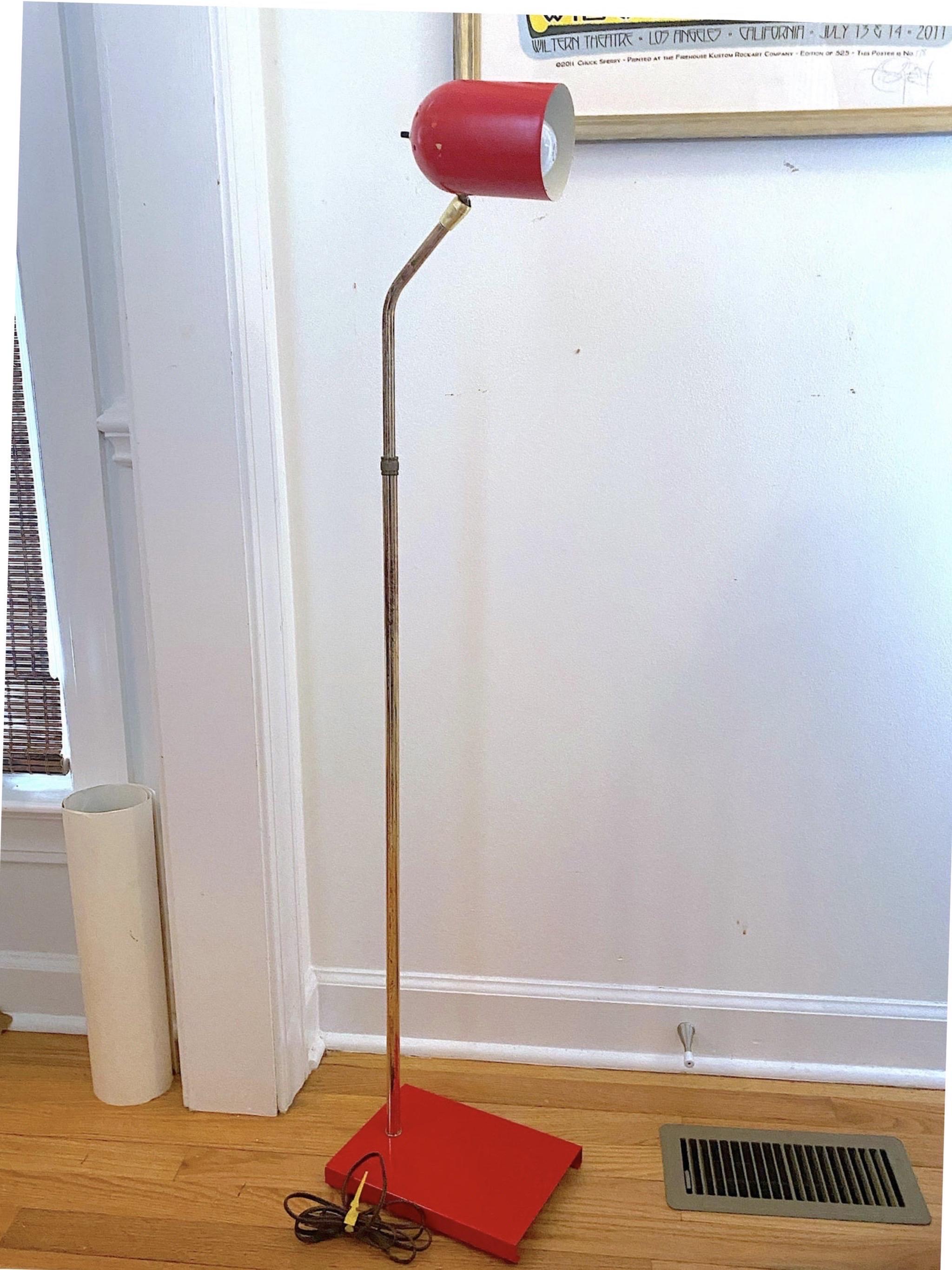 20th Century Midcentury Red Enamel and Brass Pharmacy Adjustable Floor Lamp For Sale