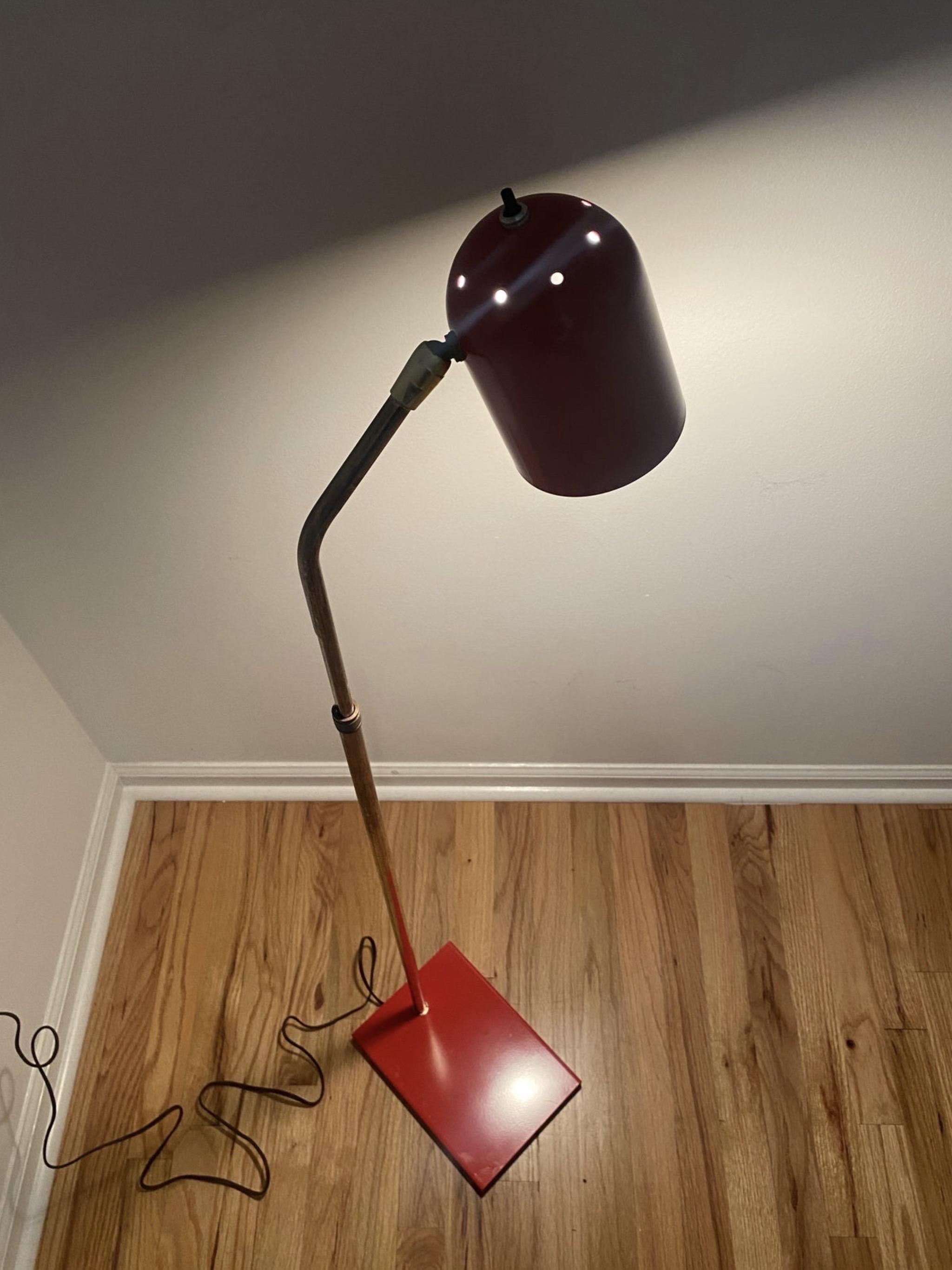 Metal Midcentury Red Enamel and Brass Pharmacy Adjustable Floor Lamp For Sale