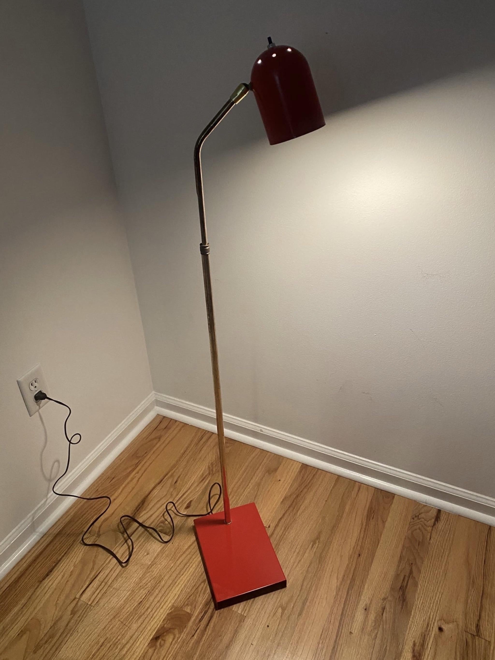 Midcentury Red Enamel and Brass Pharmacy Adjustable Floor Lamp For Sale 1