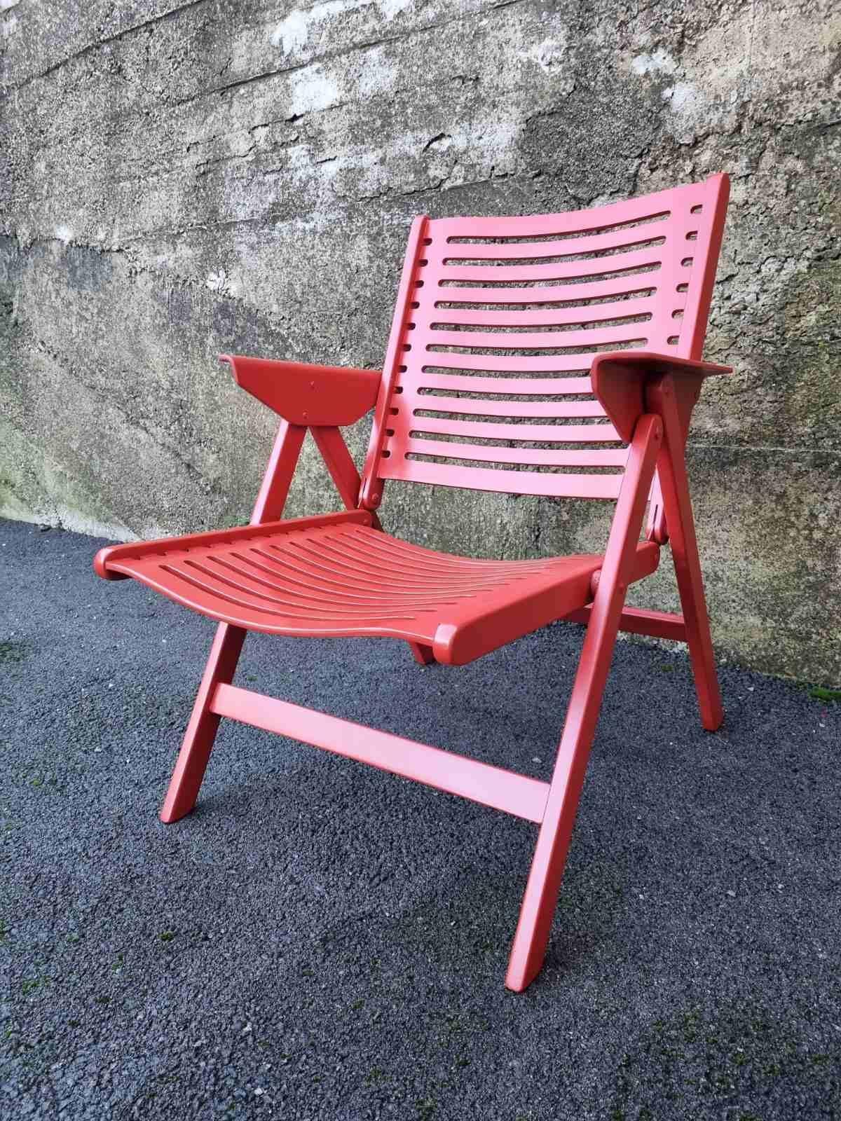 Wood Mid Century Red Folding Lounge Armchair, Model Rex, Design by Niko Kralj, 60s