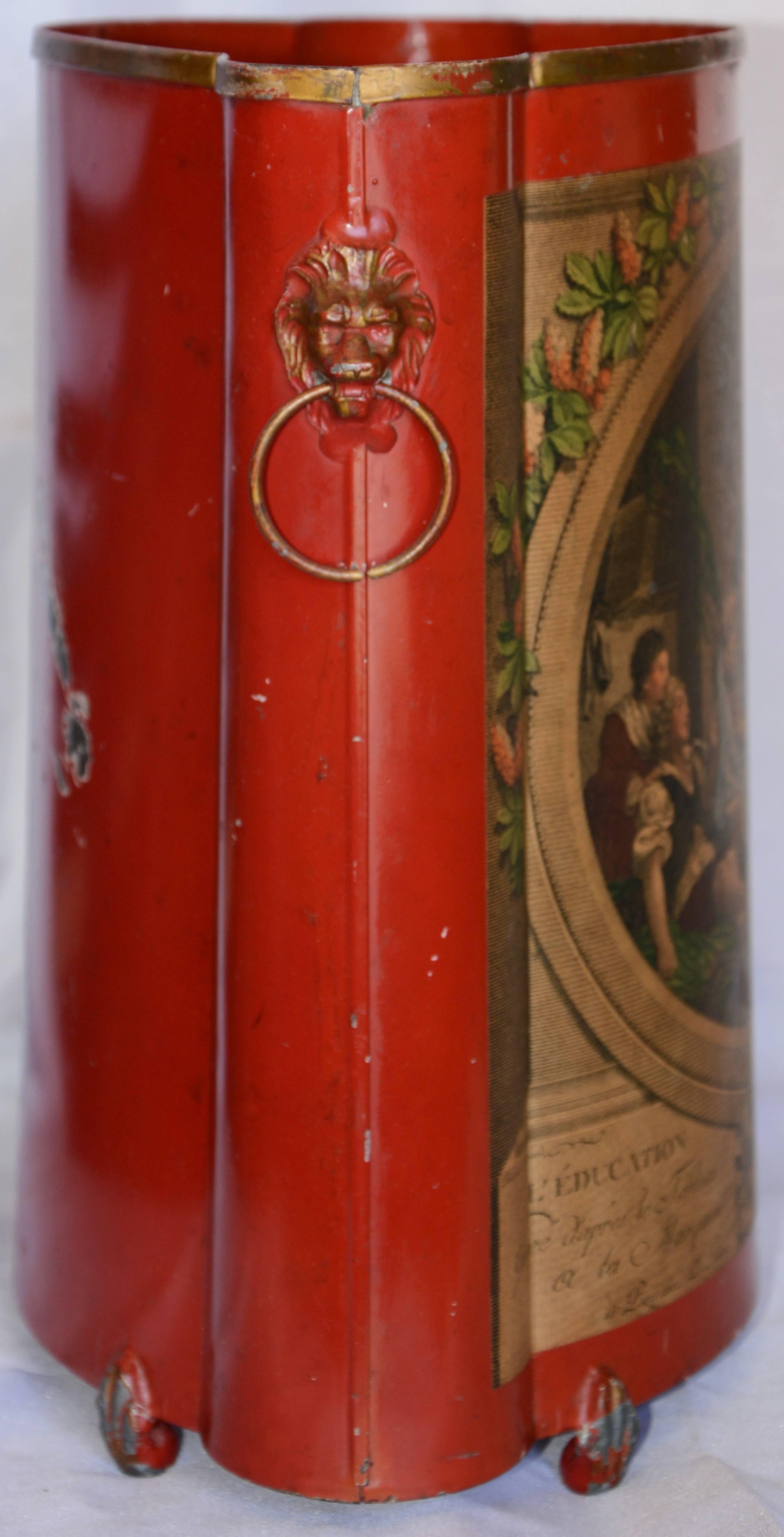 20th Century Red Footed Tole Tin Waste Basket with Decoupage Print Midcentury For Sale