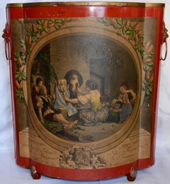 Red Footed Tole Tin Waste Basket with Decoupage Print Midcentury