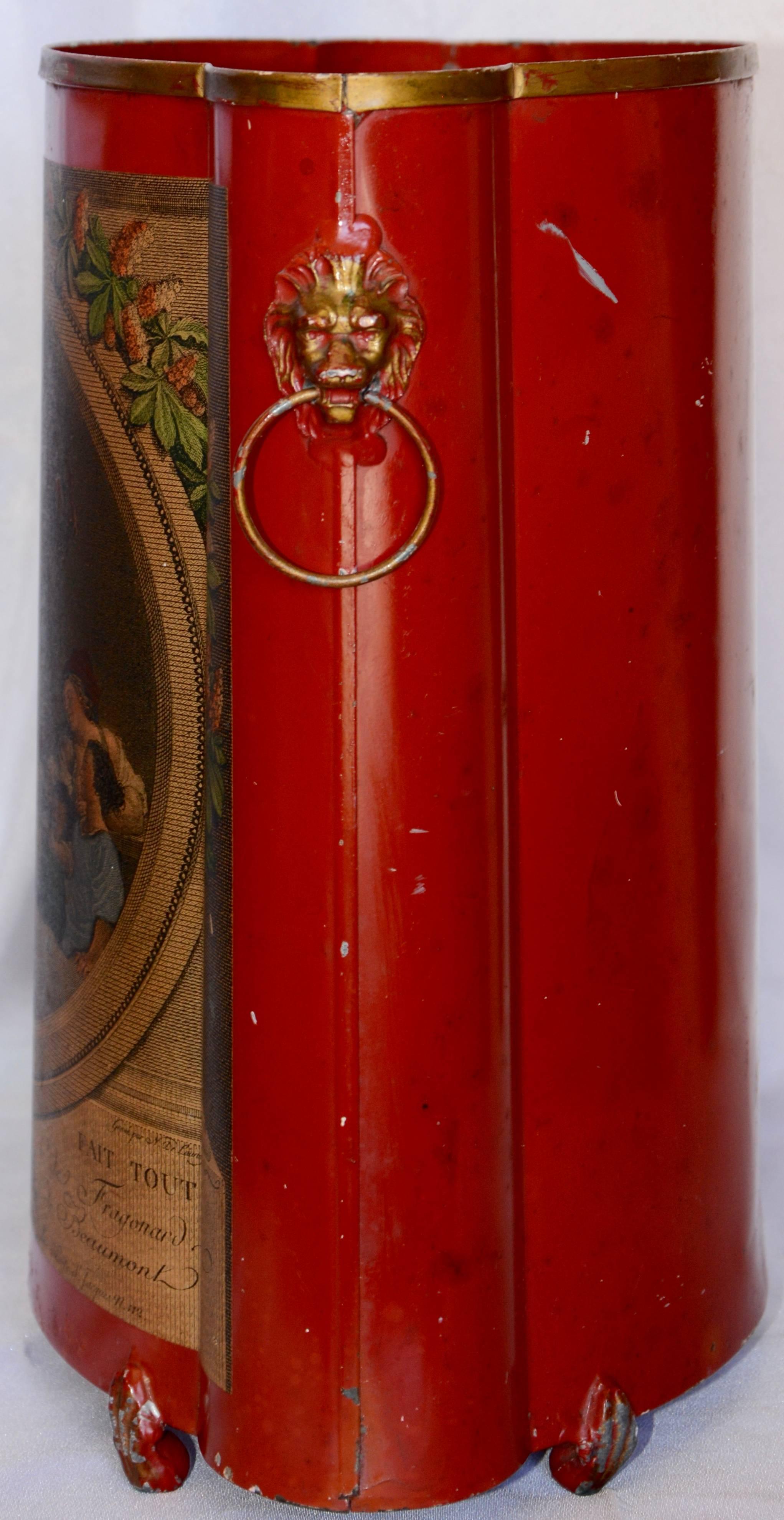 Neoclassical Red Footed Tole Tin Waste Basket with Decoupage Print Midcentury For Sale