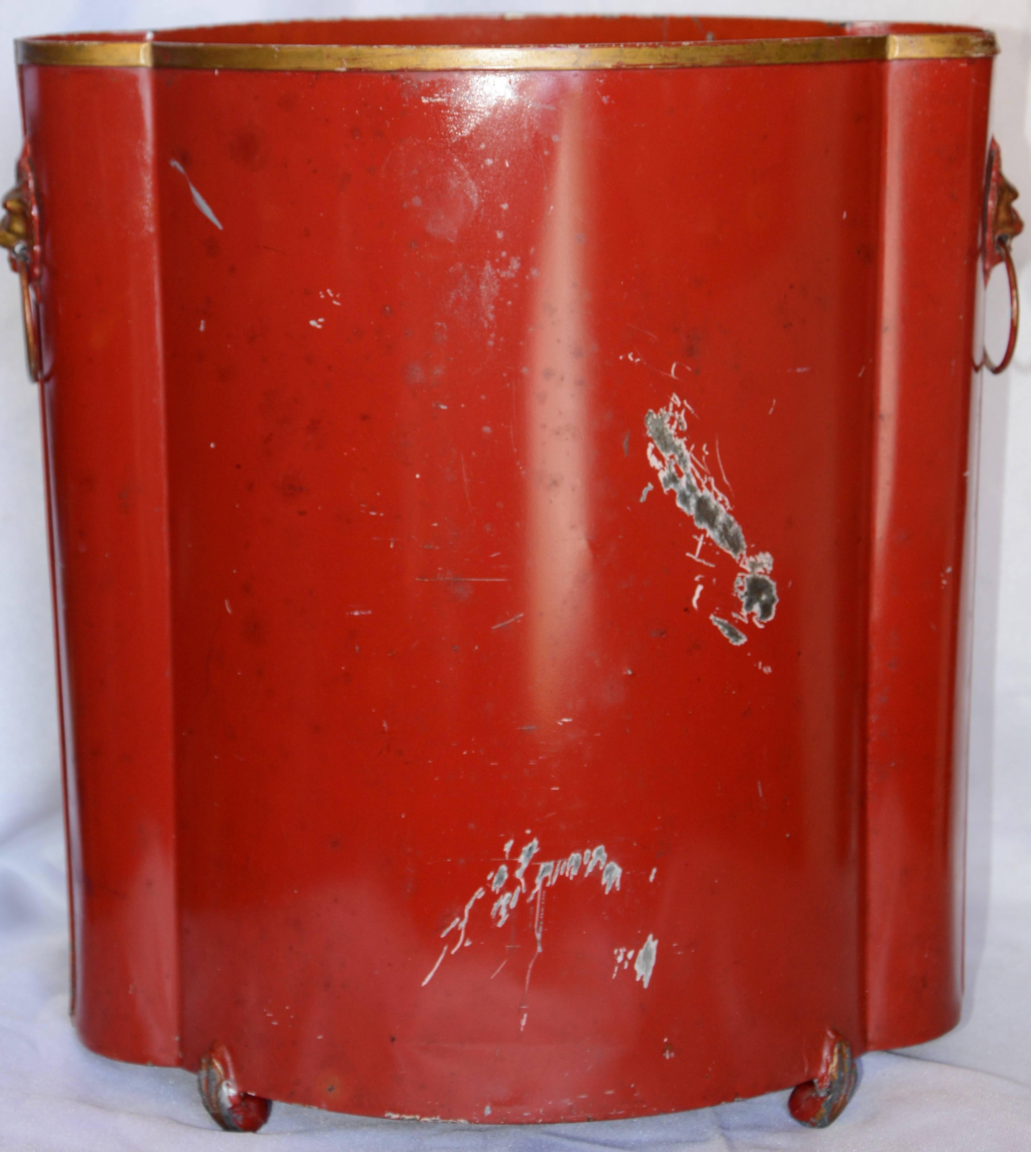 Découpage Red Footed Tole Tin Waste Basket with Decoupage Print Midcentury For Sale