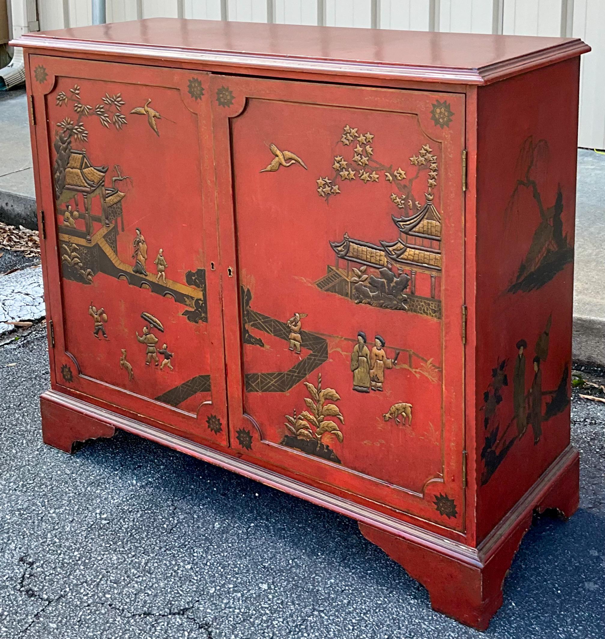 Unknown Mid-Century Red Georgian Style Chinoiserie Cabinet
