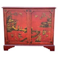 Vintage Mid-Century Red Georgian Style Chinoiserie Cabinet