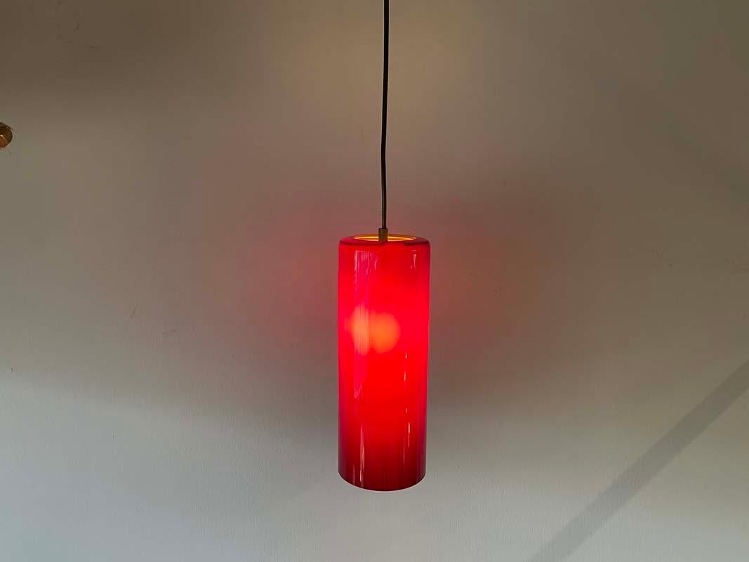 Mid Century Red Glass Cylinder Pendant Lamp, Denmark, 1960s For Sale 4