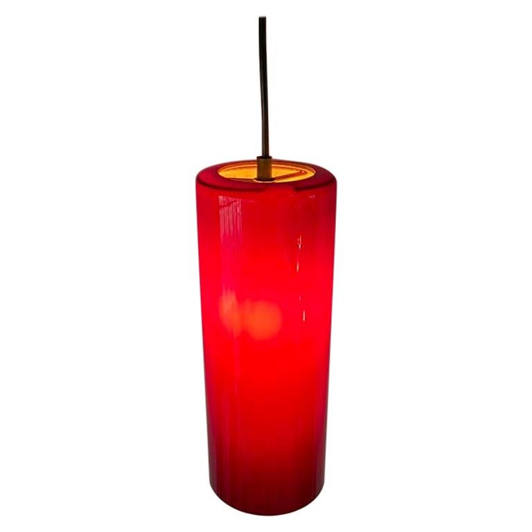 Mid Century Red Glass Cylinder Pendant Lamp, Denmark, 1960s