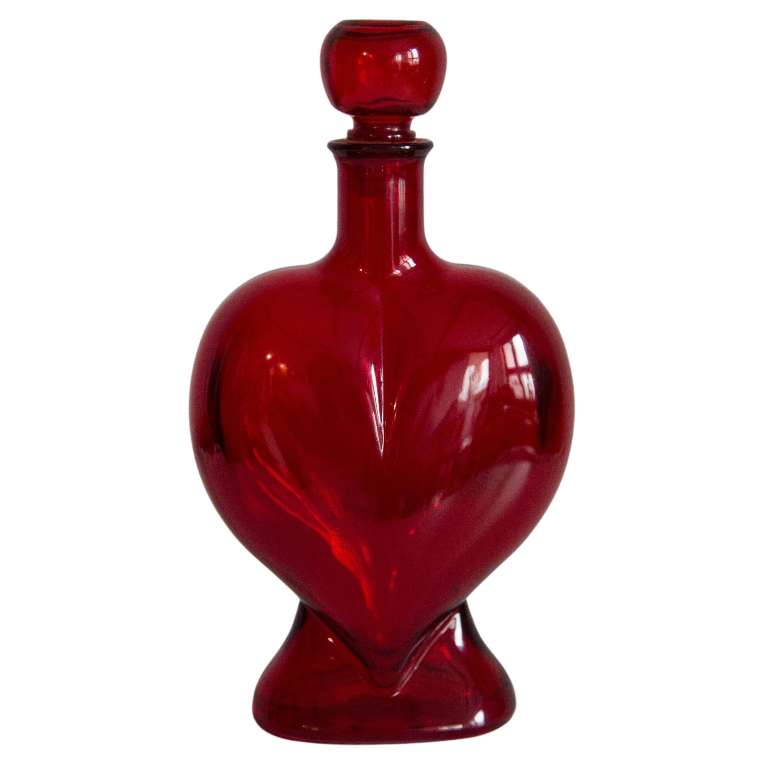 Mid Century Red Glass Mini Heart Bottle with Stopper, Italy, 1960s