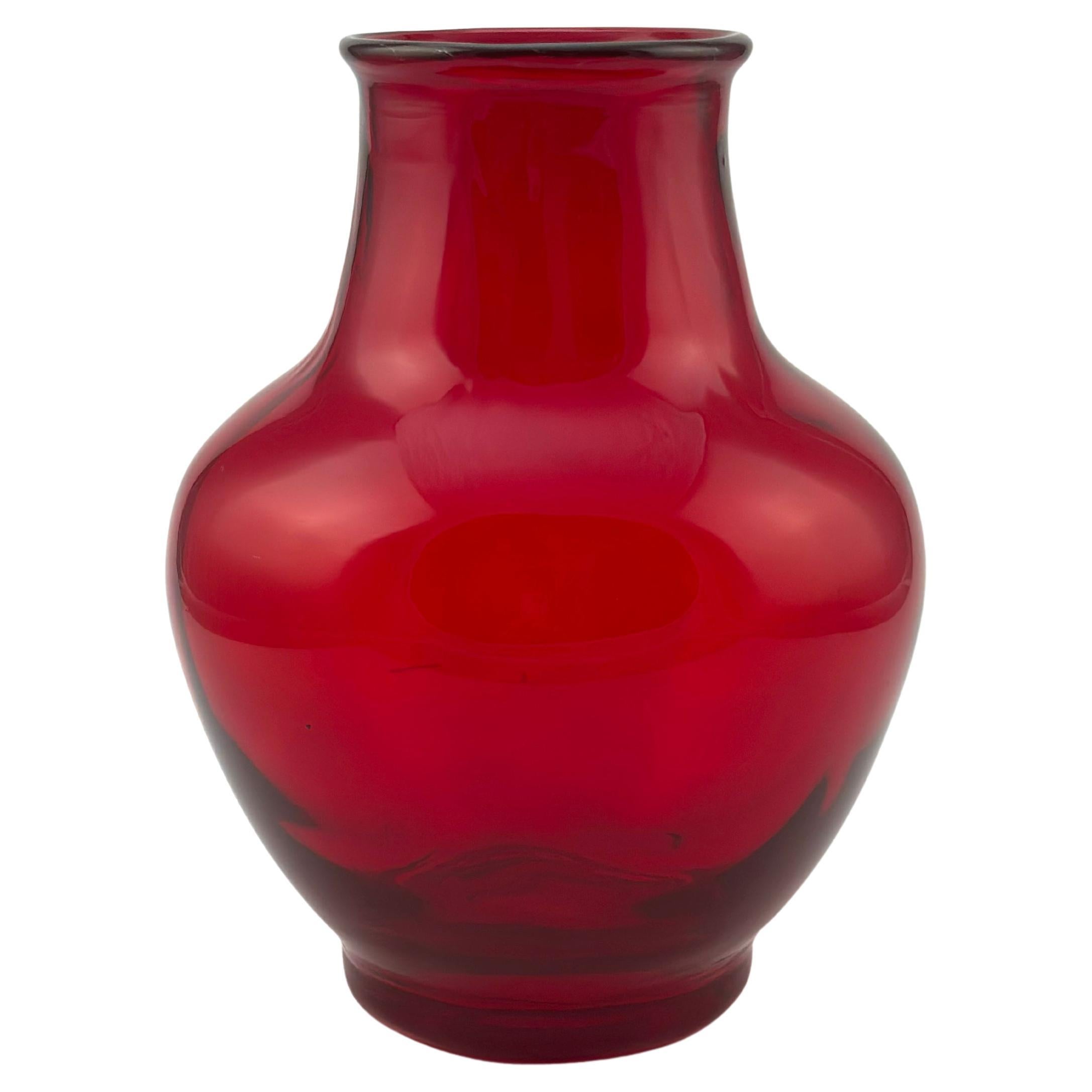 Mid-Century Red Glass Vase, Model 9381, Wave Pattern by Whitefriars c.1950s