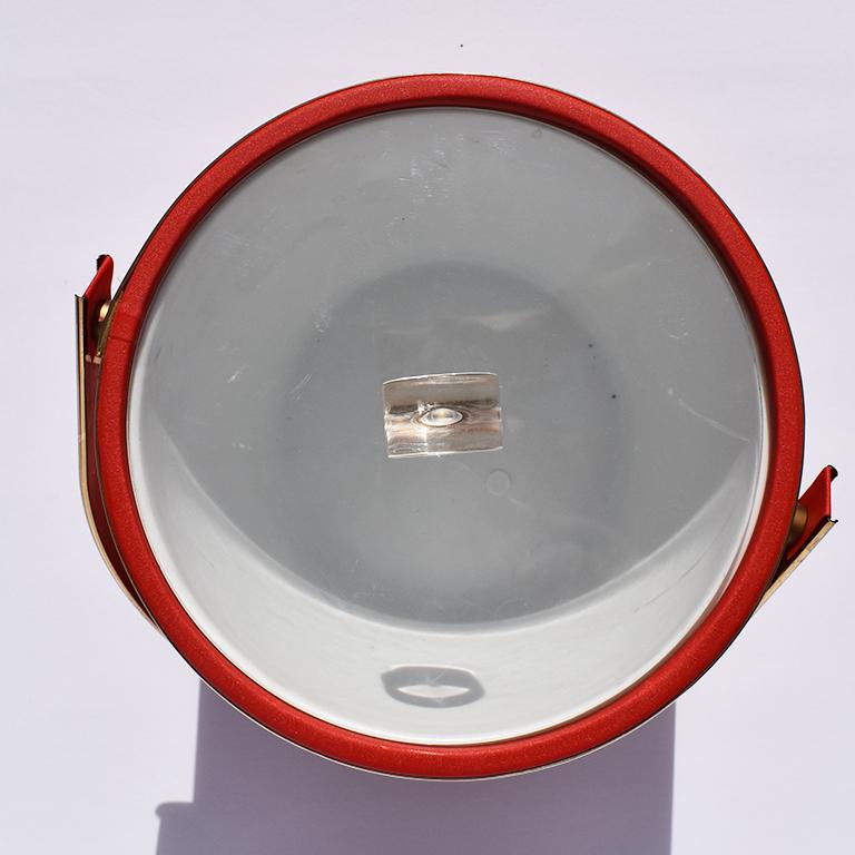 Midcentury Red Ice Bucket with Lucite Acrylic Top with Handle and Brass