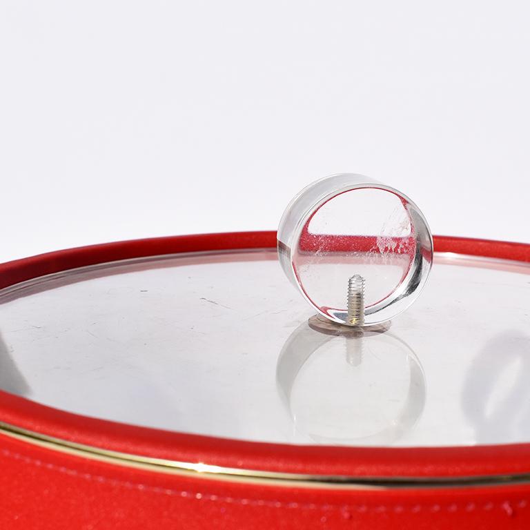 Metal Midcentury Red Ice Bucket with Lucite Lid and Brass Details after Georges Briard For Sale