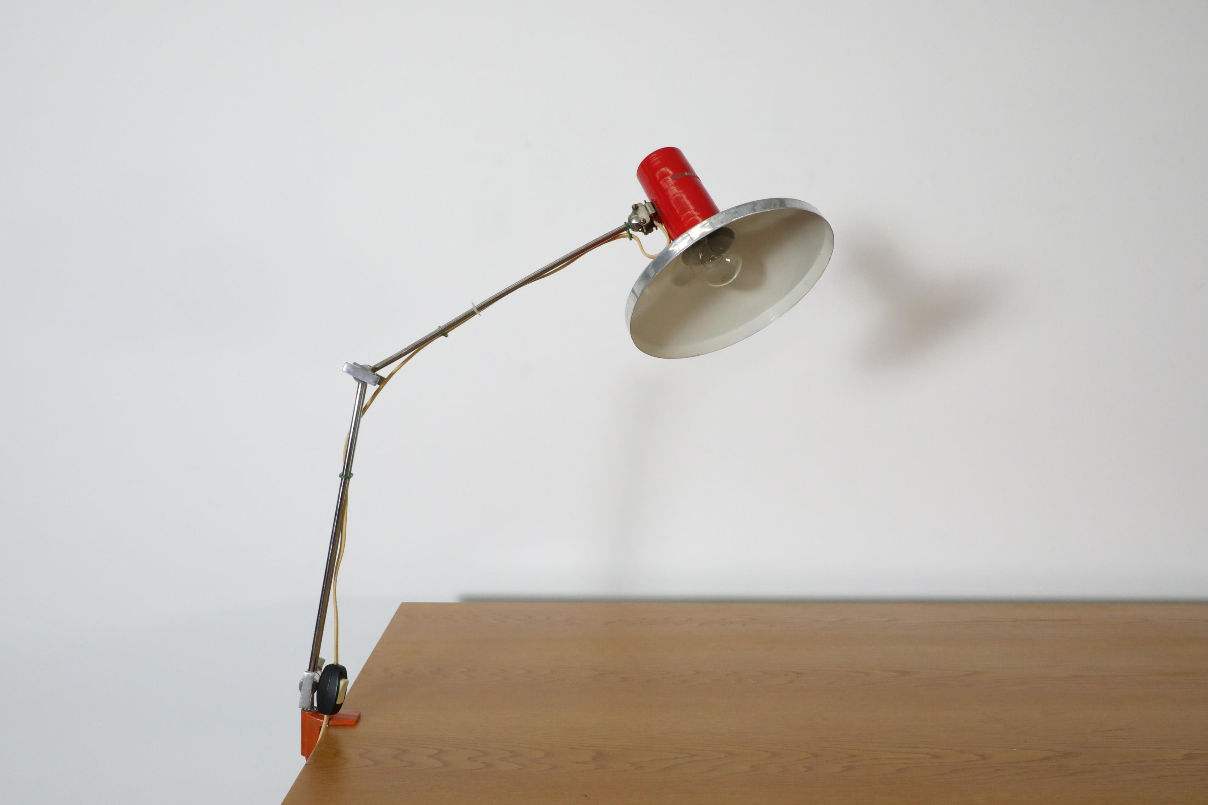 Mid-Century Red Industrial Clamp on Drafting Lamp For Sale 2
