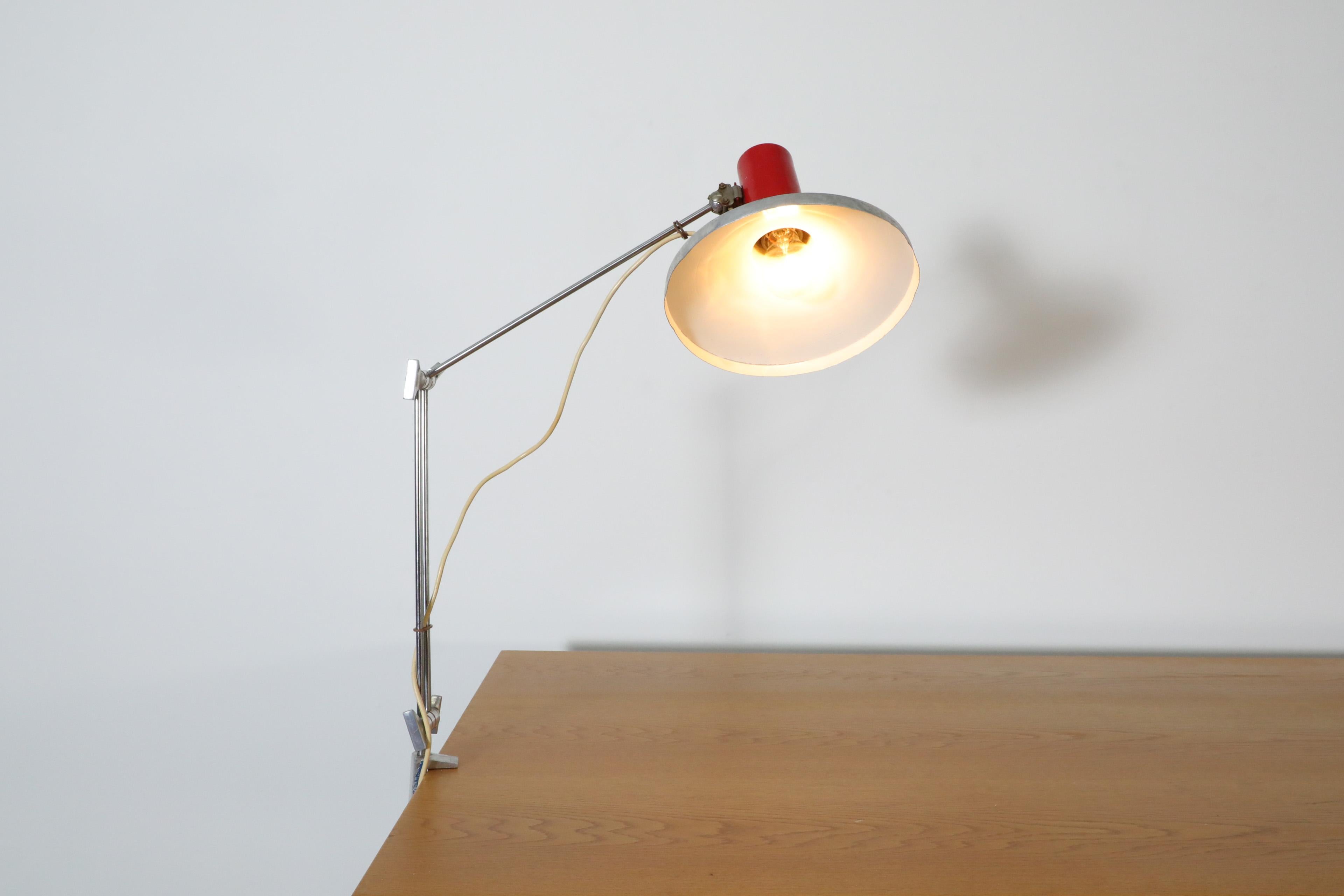 Mid-Century Red Industrial Clamp on Drafting Lamp For Sale 3