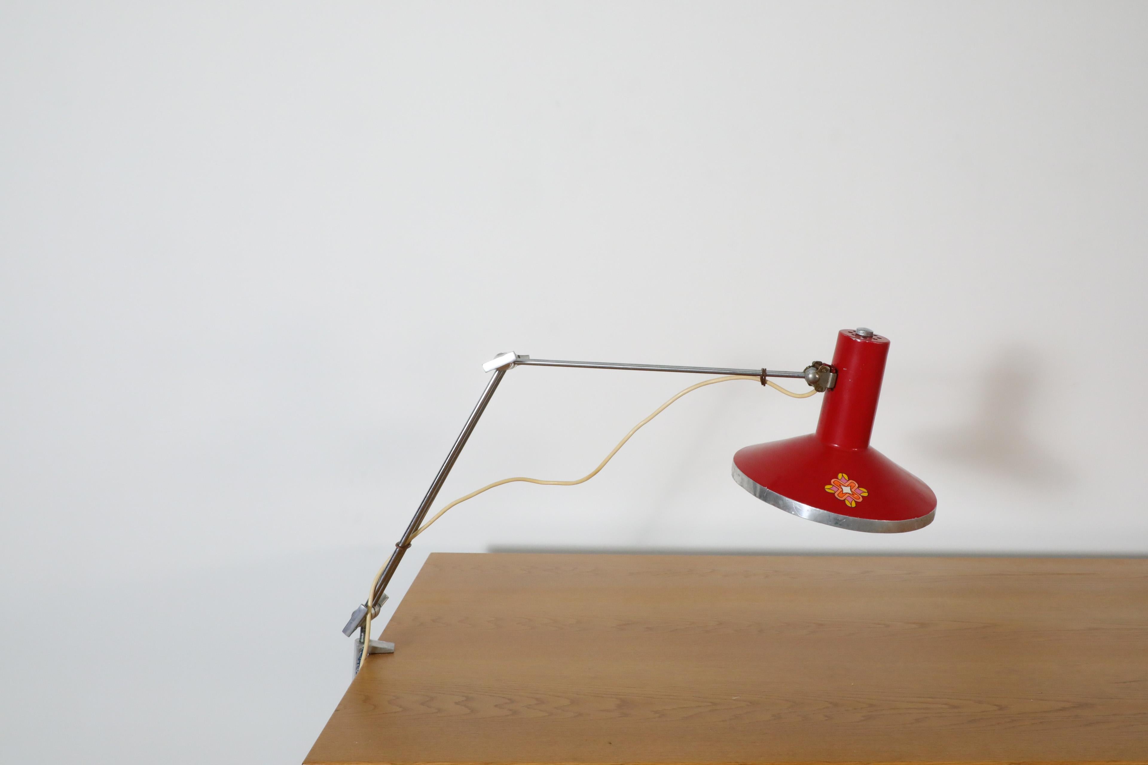 Mid -Century Industrial clamp on drafting lamps with red aluminum shade and chrome adjustable stem. Attributed to the Cold War era Czech 