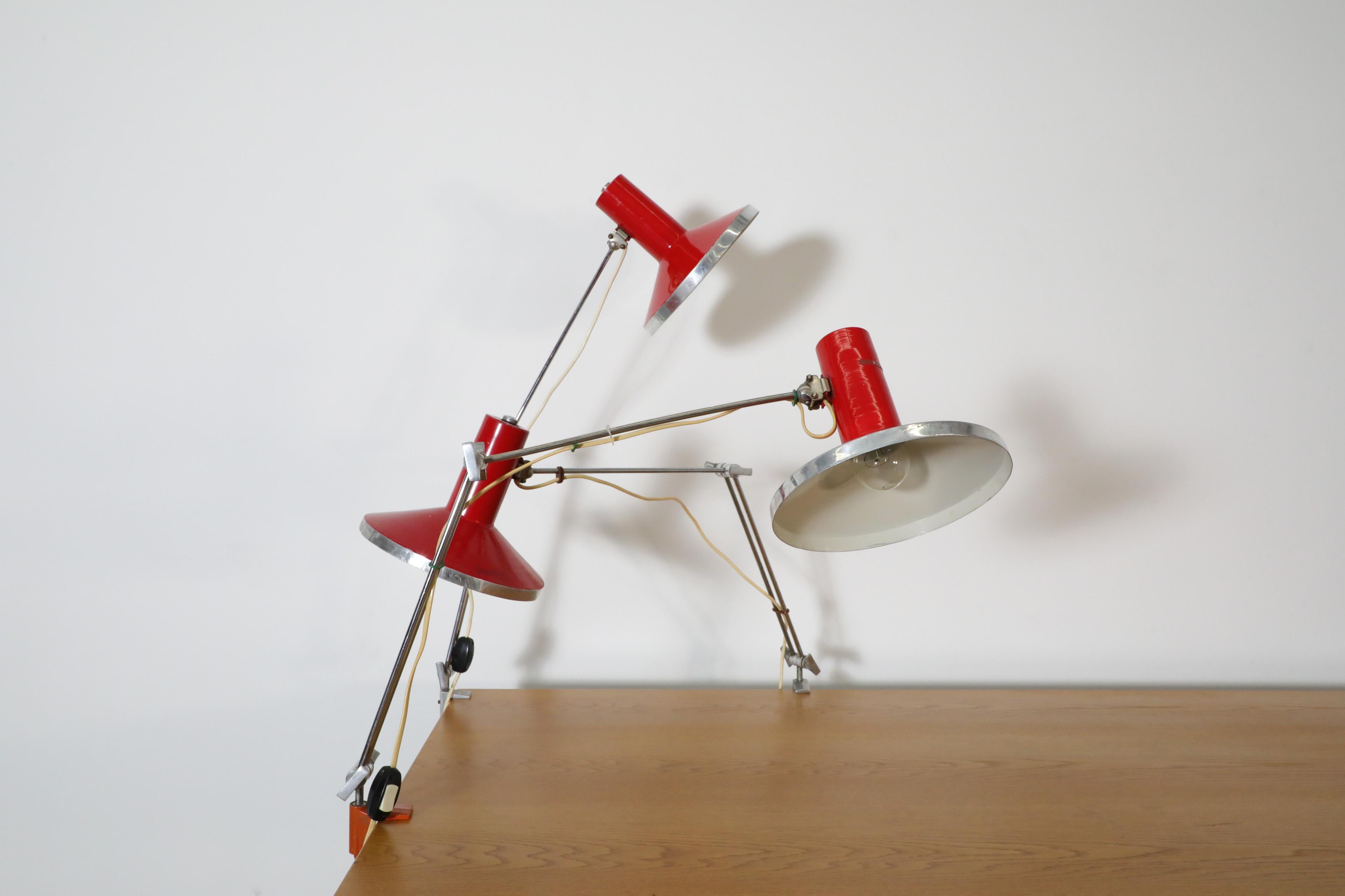 Mid-Century Red Industrial Clamp on Drafting Lamp 12