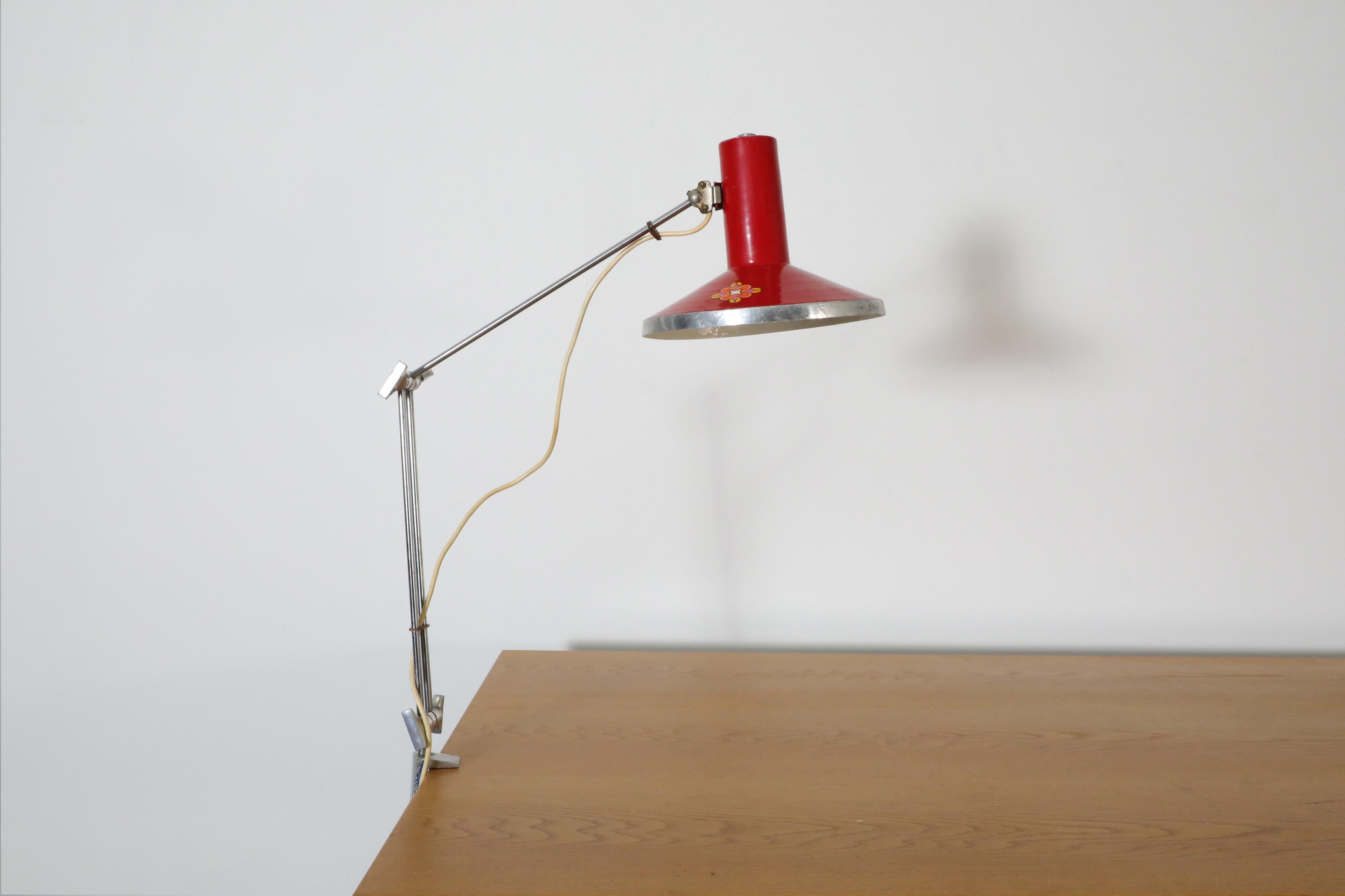 Mid-Century Modern Mid-Century Red Industrial Clamp on Drafting Lamp For Sale