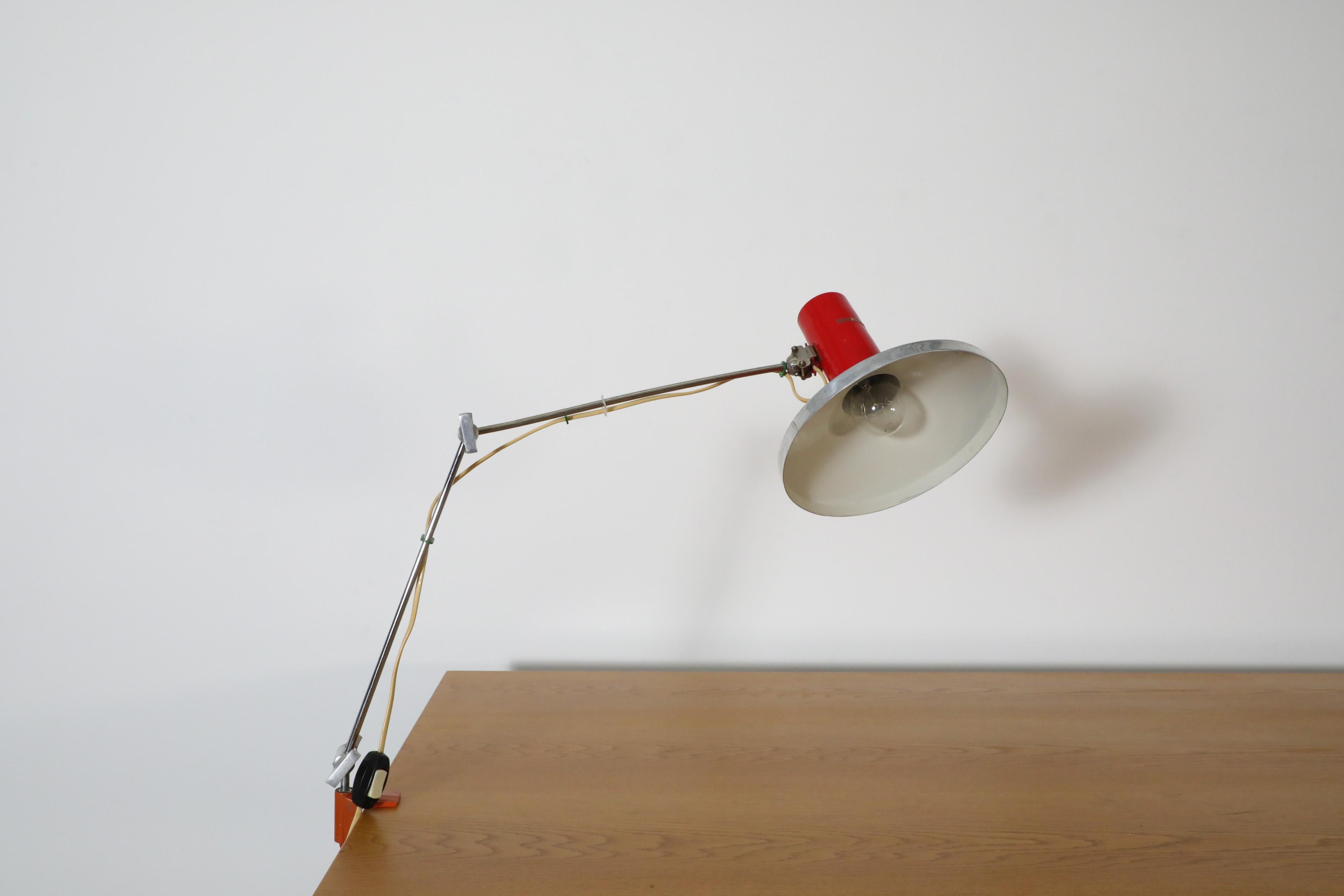 Czech Mid-Century Red Industrial Clamp on Drafting Lamp