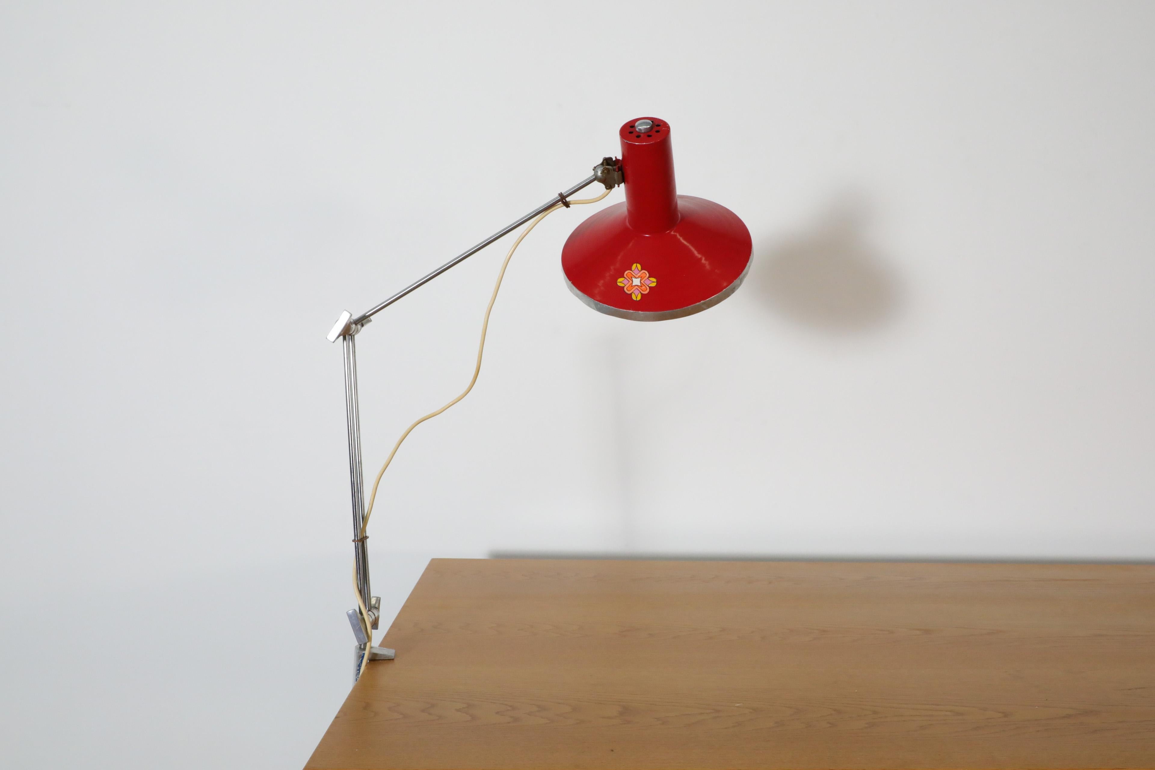 Czech Mid-Century Red Industrial Clamp on Drafting Lamp For Sale