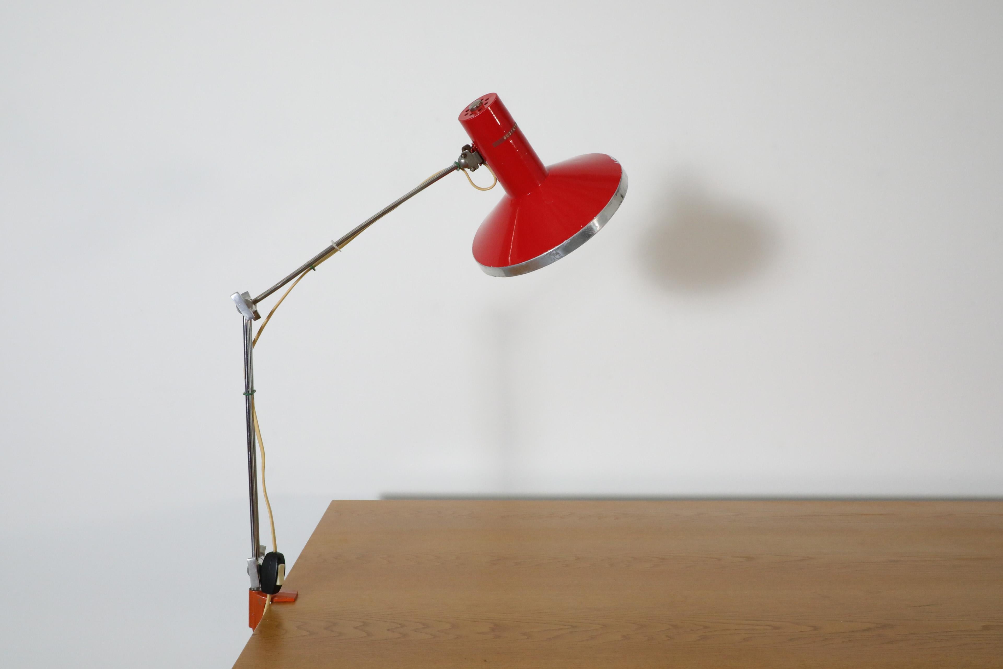 Enameled Mid-Century Red Industrial Clamp on Drafting Lamp For Sale