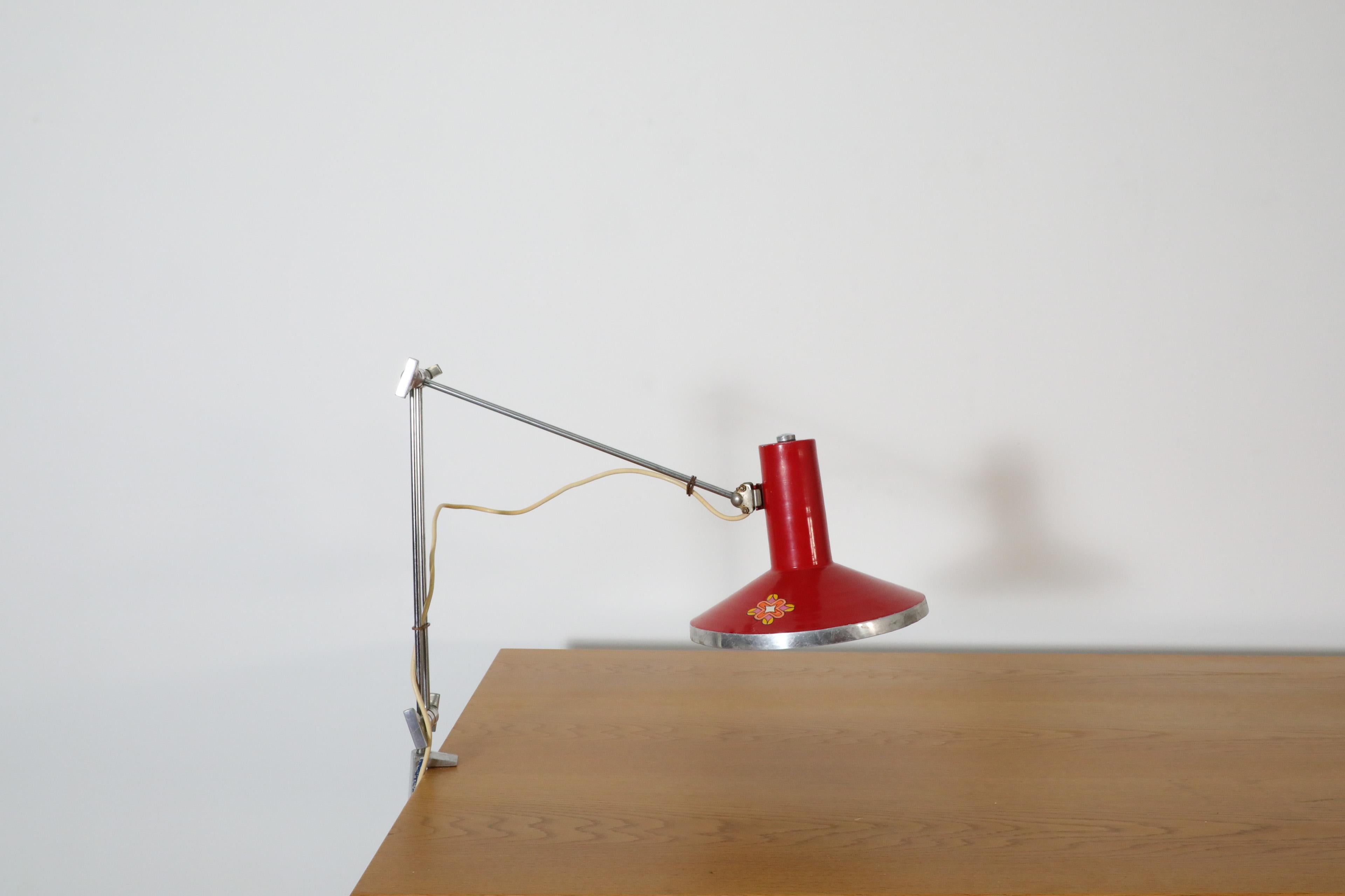 Mid-Century Red Industrial Clamp on Drafting Lamp In Good Condition For Sale In Los Angeles, CA