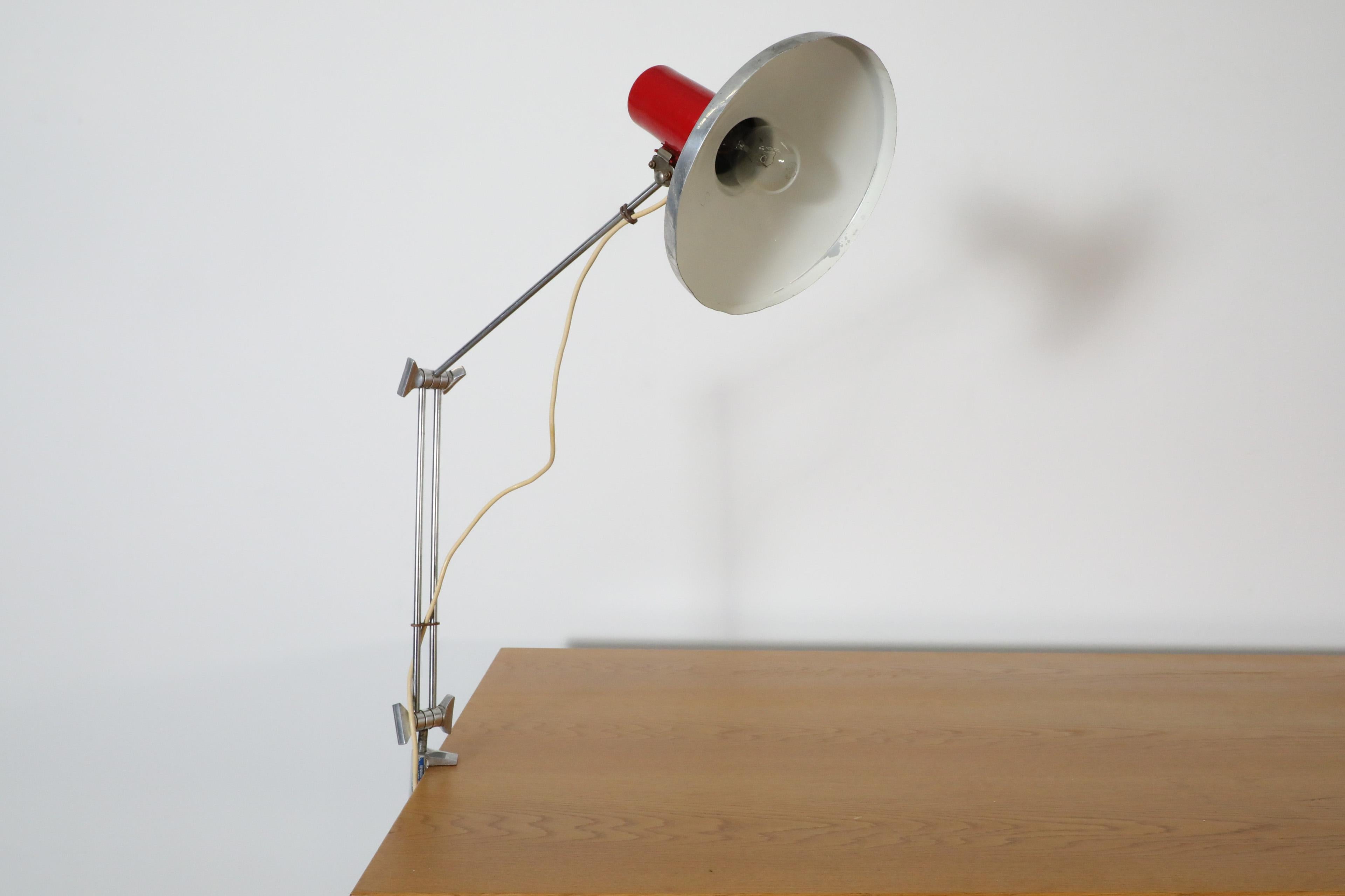 Mid-20th Century Mid-Century Red Industrial Clamp on Drafting Lamp For Sale