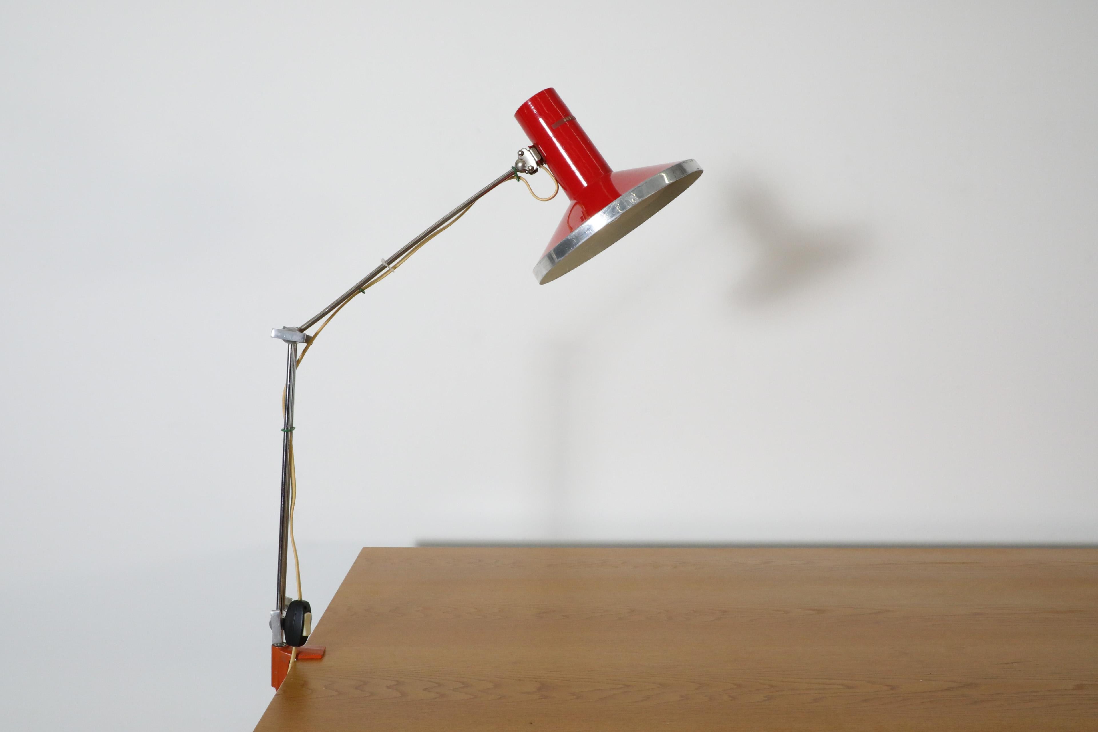 Mid-20th Century Mid-Century Red Industrial Clamp on Drafting Lamp For Sale