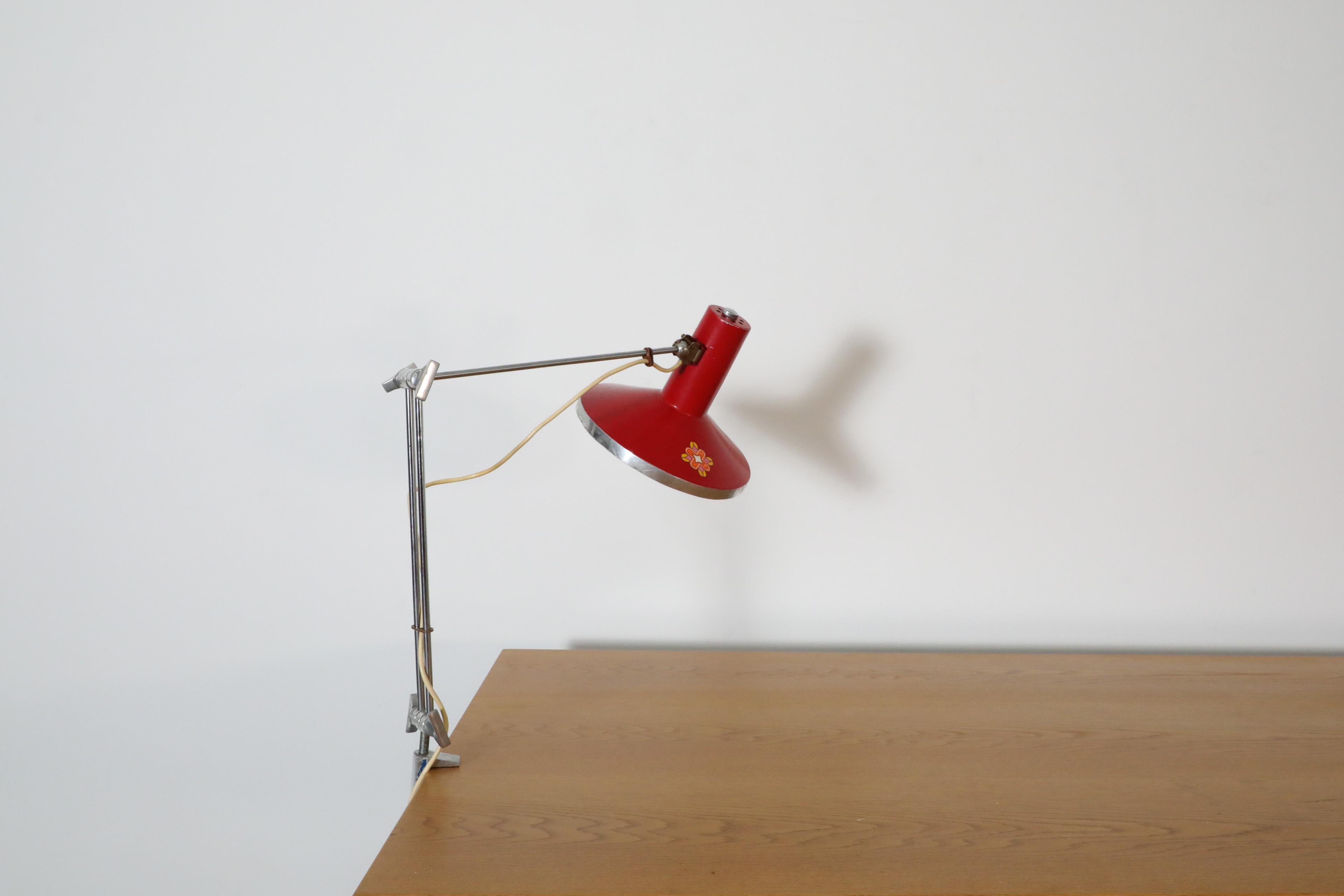 Metal Mid-Century Red Industrial Clamp on Drafting Lamp For Sale
