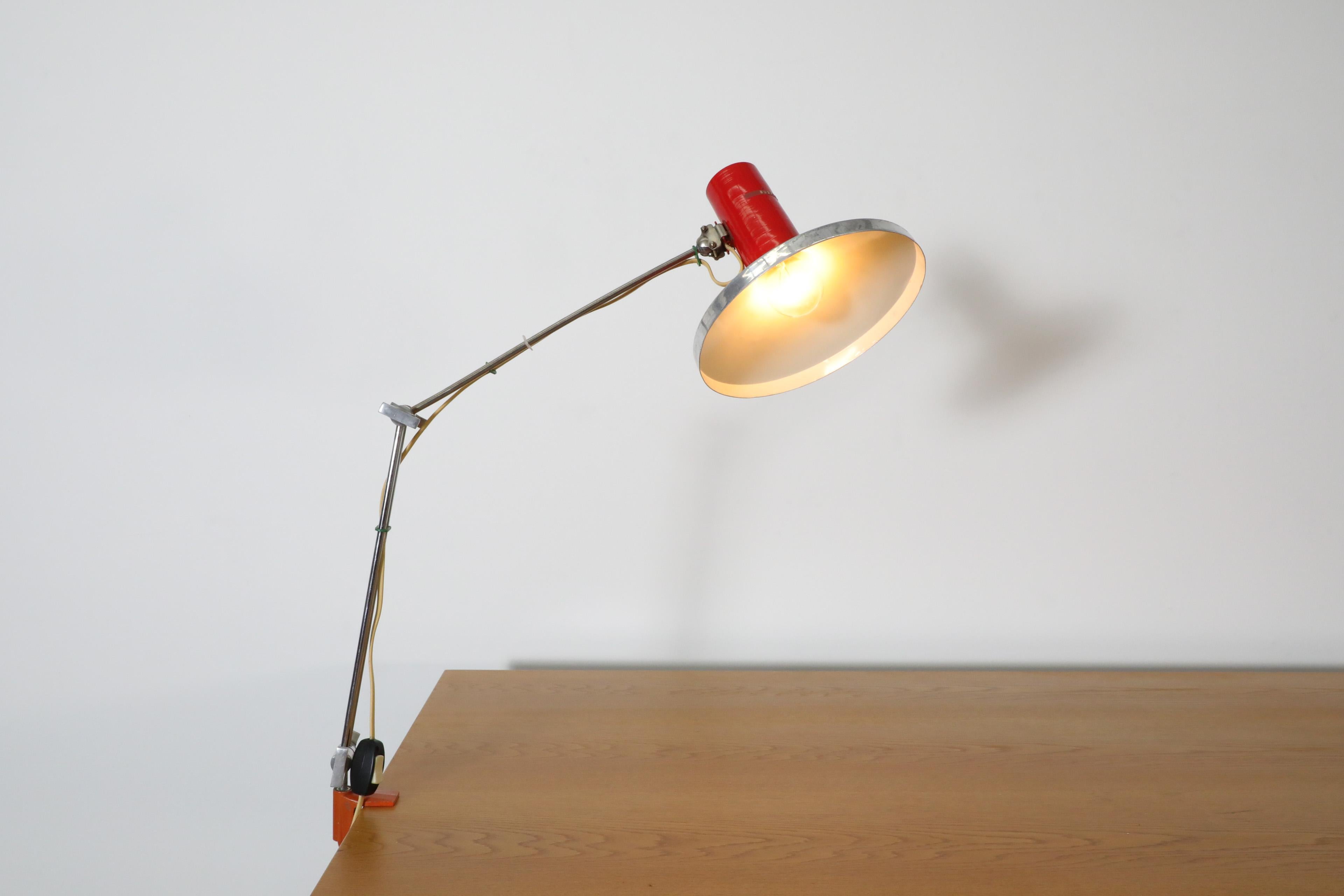 Metal Mid-Century Red Industrial Clamp on Drafting Lamp For Sale
