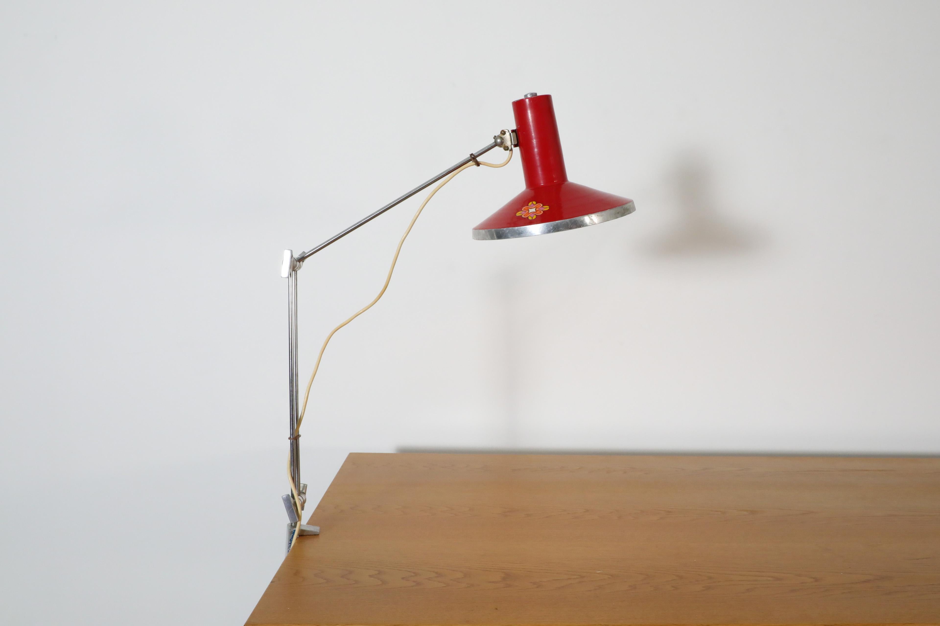 Mid-Century Red Industrial Clamp on Drafting Lamp For Sale 1