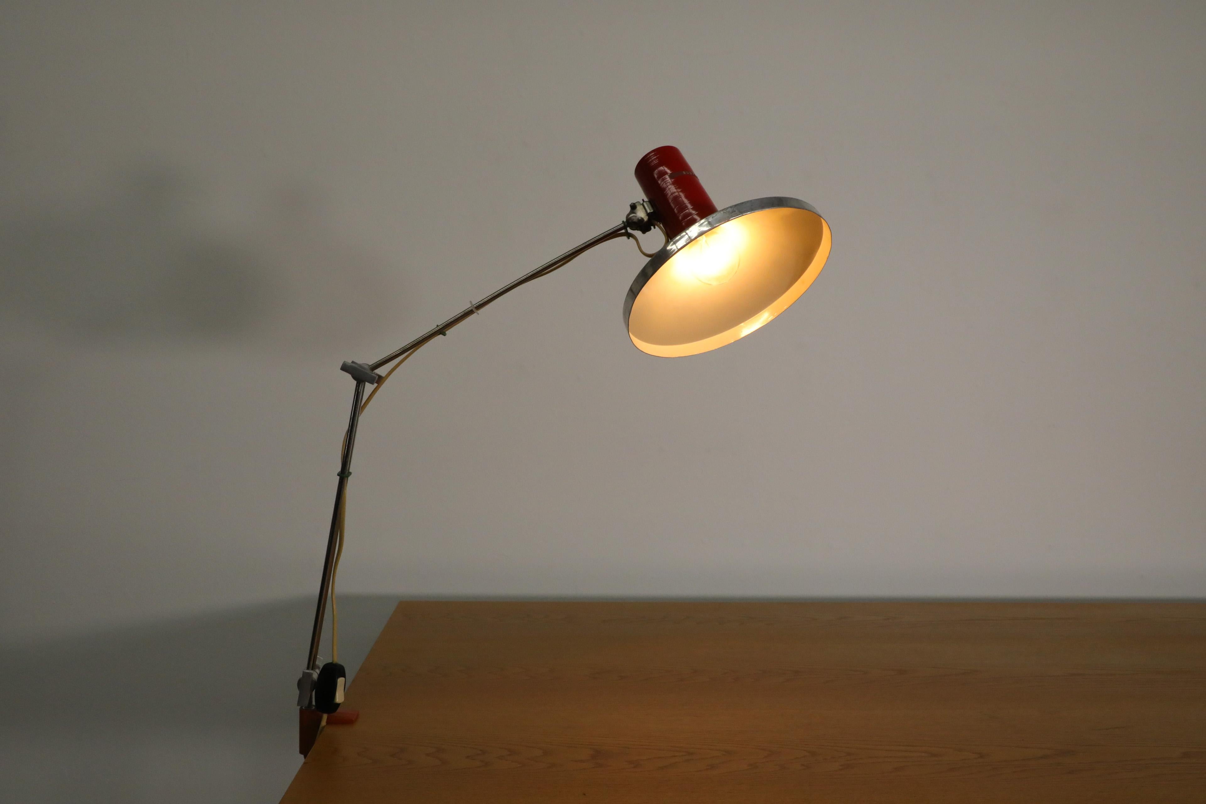 Mid-Century Red Industrial Clamp on Drafting Lamp For Sale 1