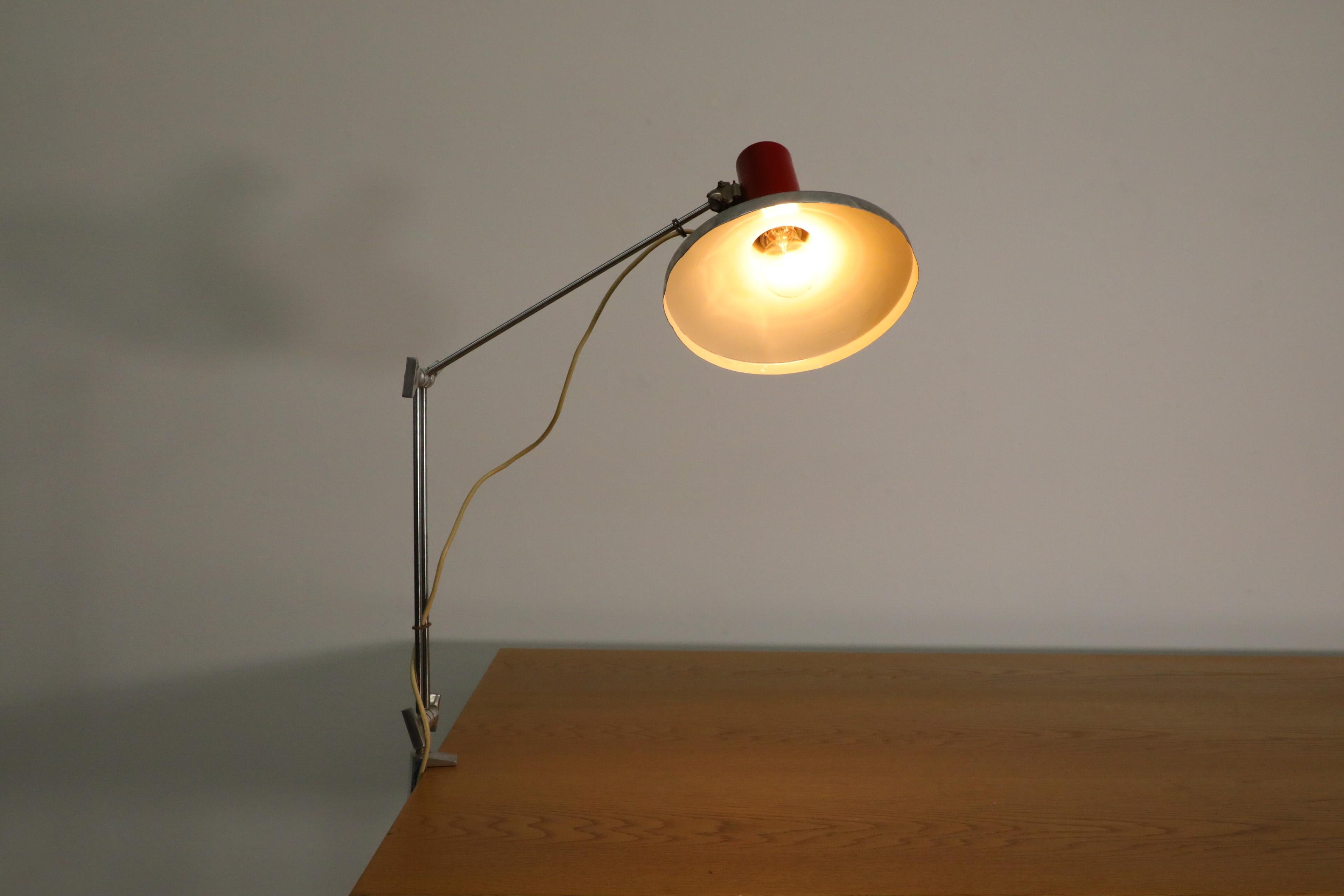 Mid-Century Red Industrial Clamp on Drafting Lamp For Sale 2