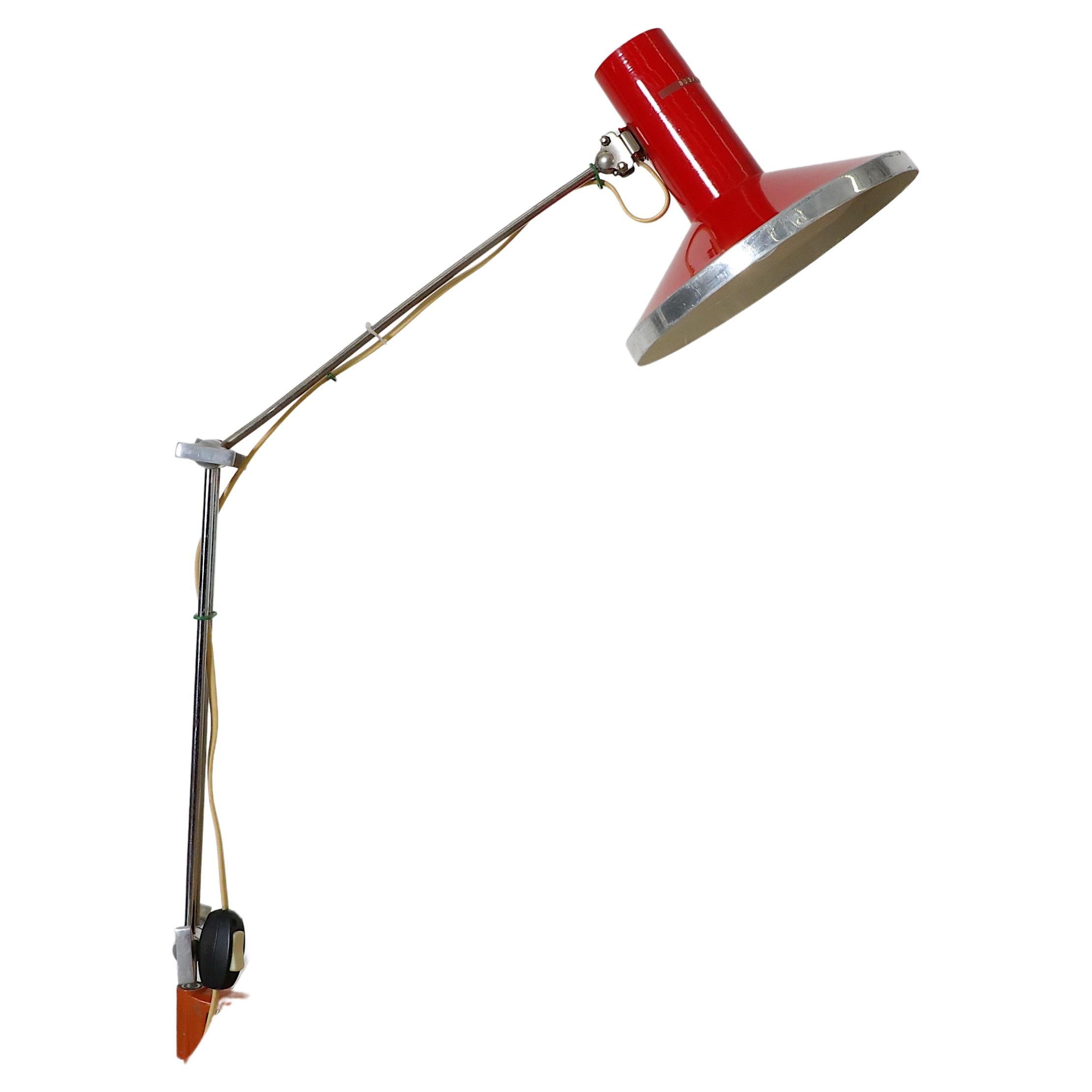Mid-Century Red Industrial Clamp on Drafting Lamp For Sale