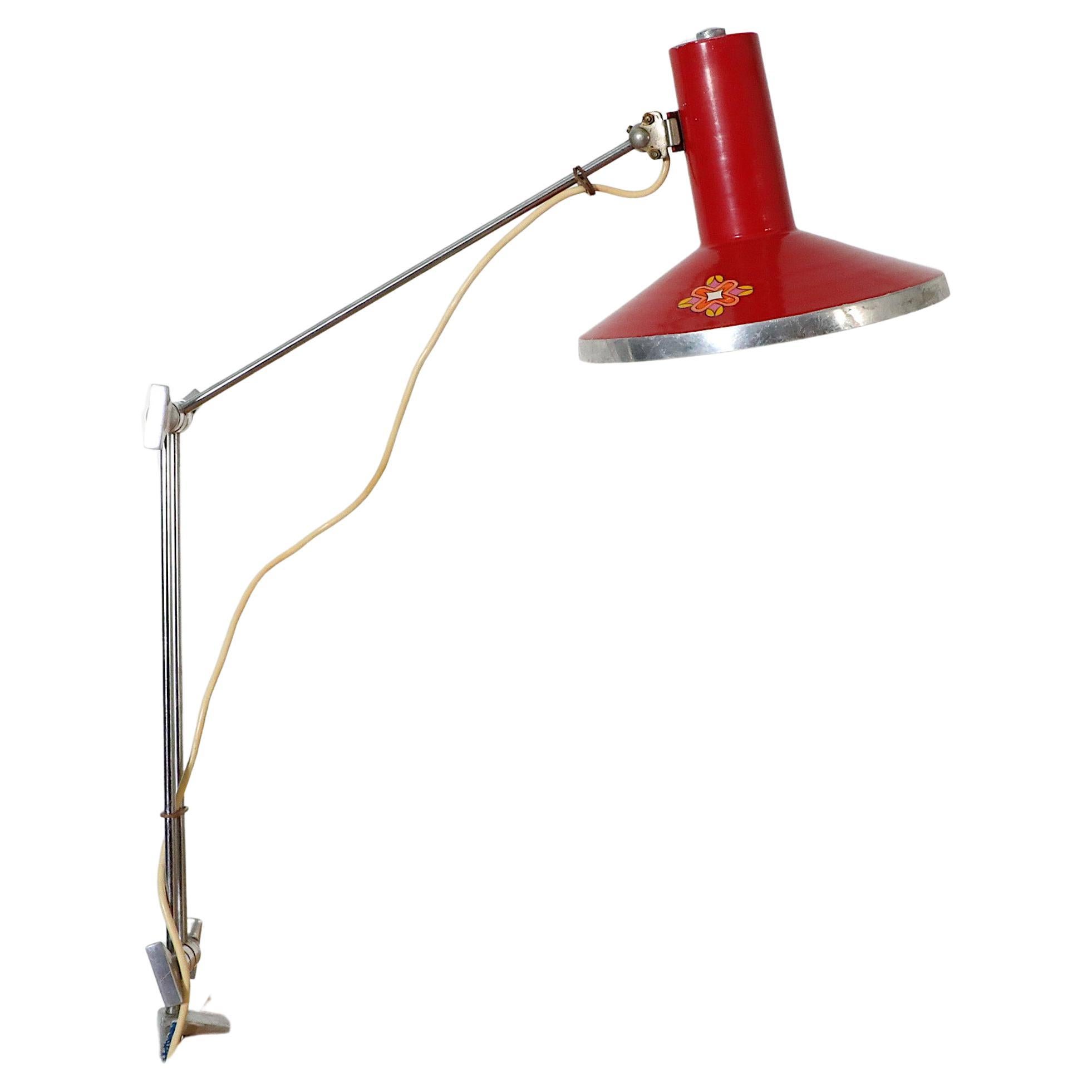 Mid-Century Red Industrial Clamp on Drafting Lamp