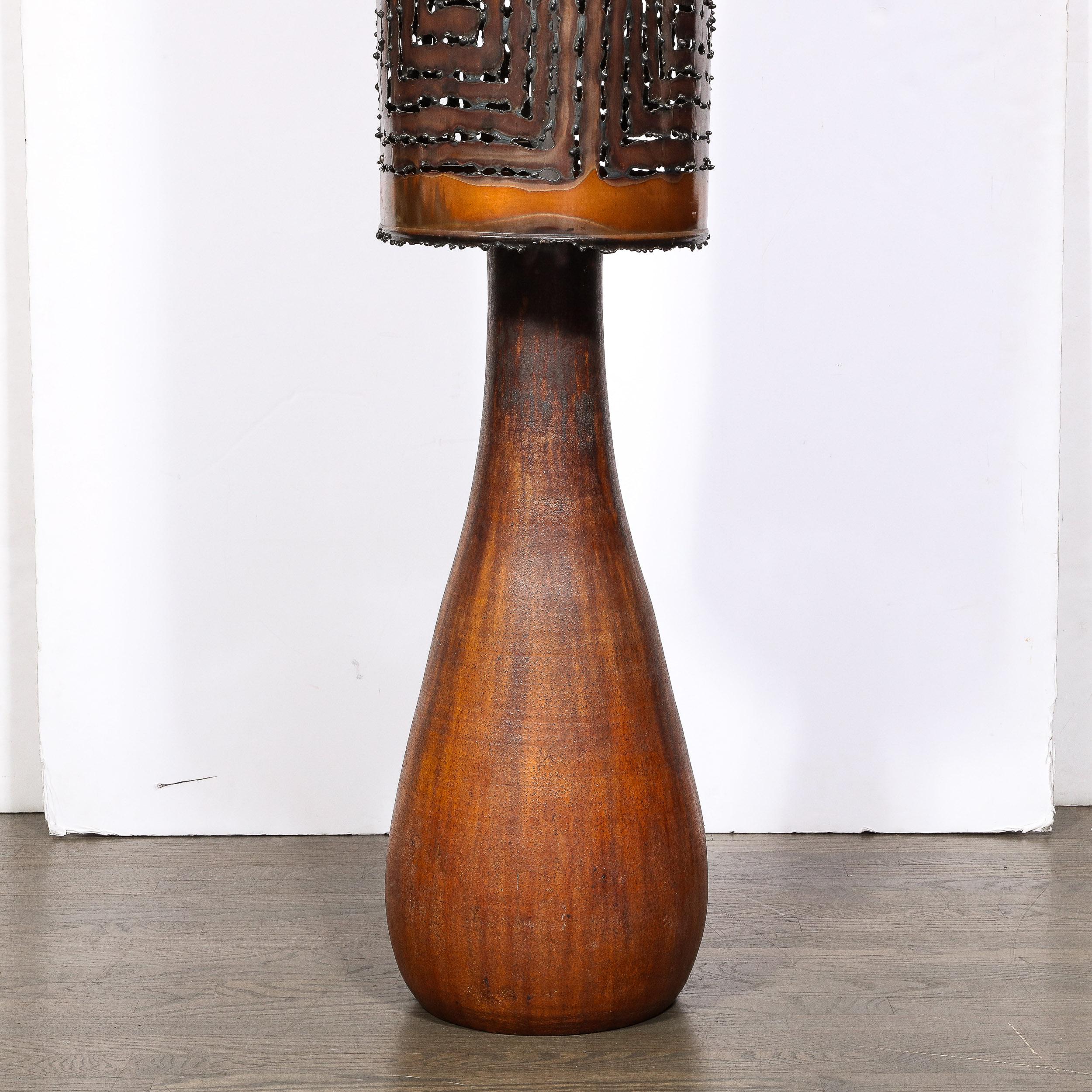 Brutalist Mid-Century Red Iron Oxide & Dripped Graphite Glazed Lamp w/ Welded Copper Shade For Sale