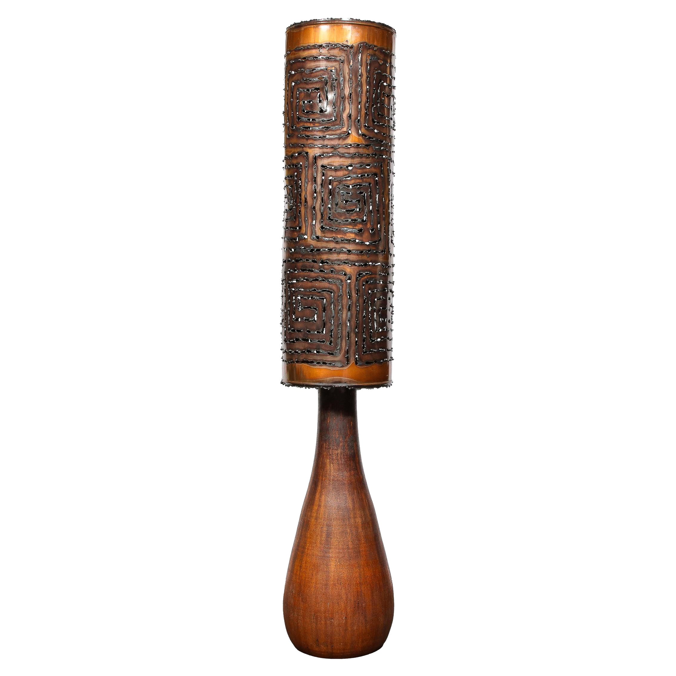 Mid-Century Red Iron Oxide 
Dripped Graphite Glazed Lamp w/ Welded Copper Shade