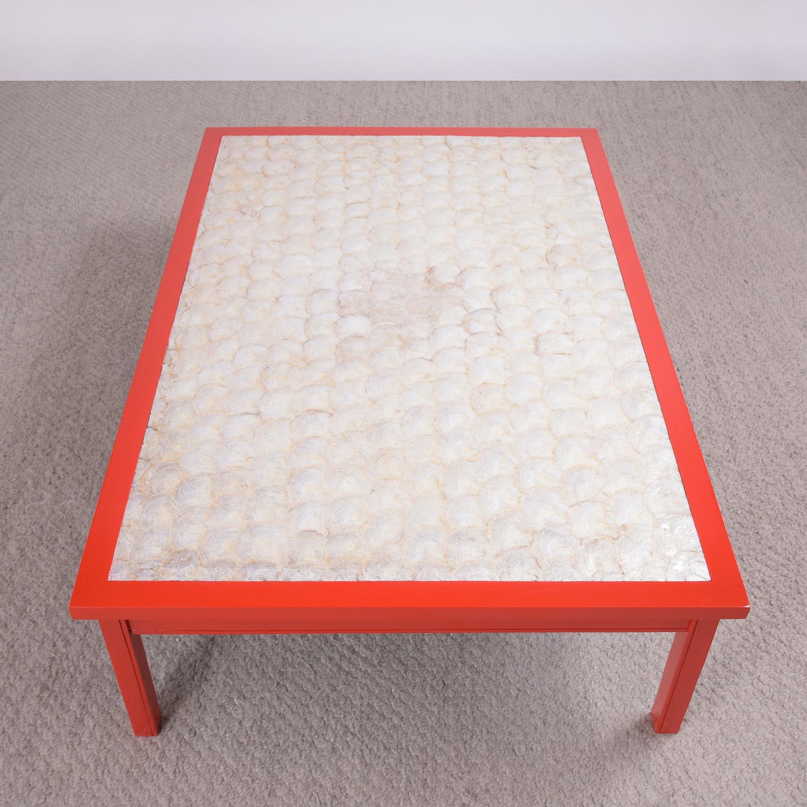 Paint Vibrant Red Mid-Century Modern Coffee Table with Mother-of-Pearl Veneer For Sale