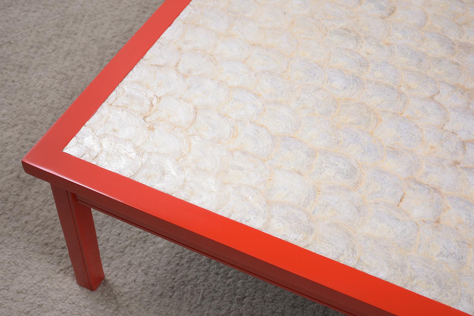 Vibrant Red Mid-Century Modern Coffee Table with Mother-of-Pearl Veneer For Sale 1